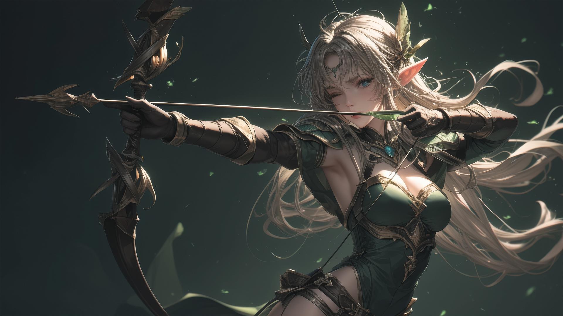 Fantasy Elf Archer in dynamic pose with spotlight on thigh against dark background