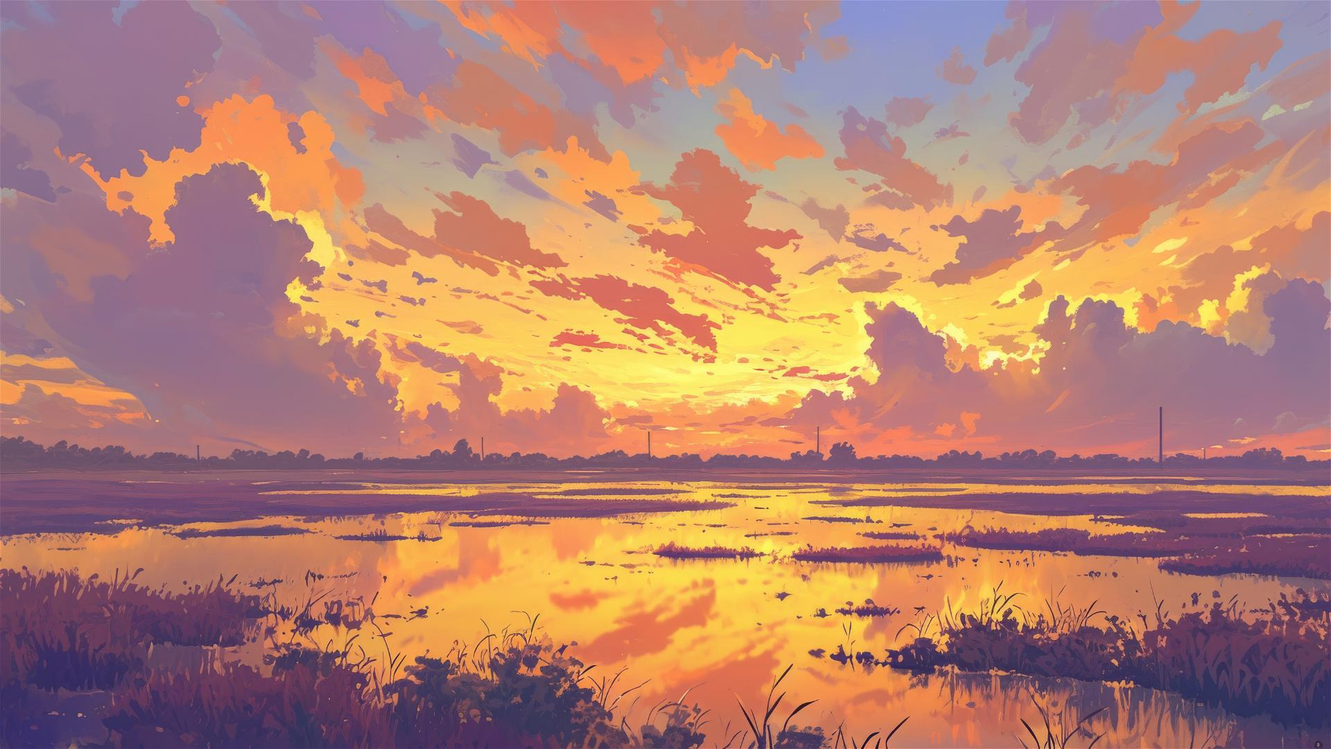 Quiet marsh at sunset with orange and pink sky