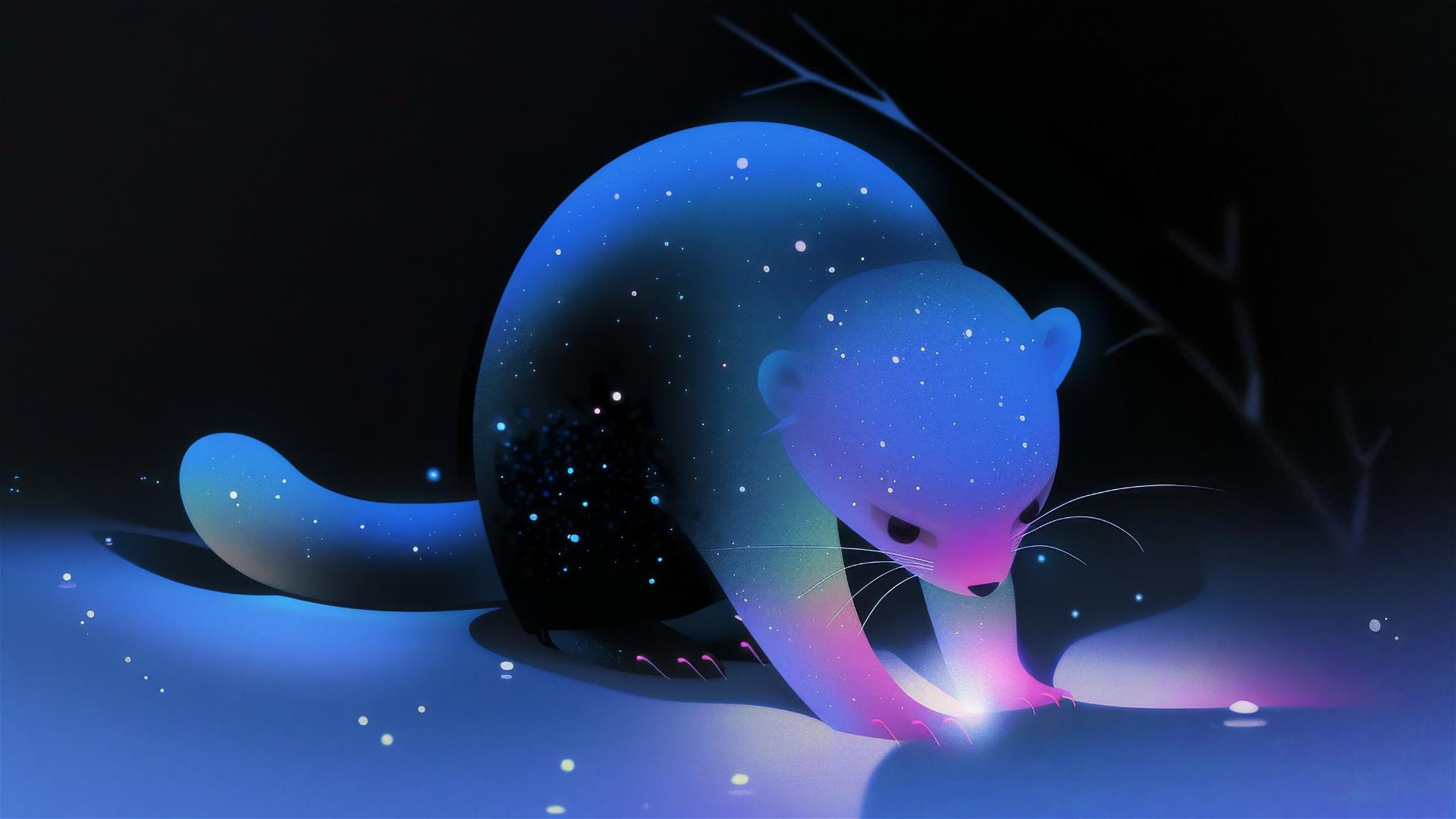 A large, luminous ferret curiously looking at a tiny firefly on its paw