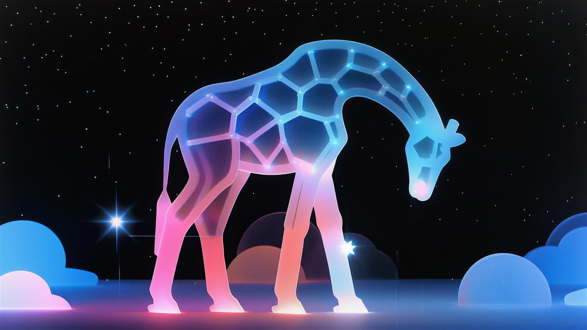 Large, luminescent giraffe bending over to gaze at a minuscule, glowing firefly on its leg in the open space.