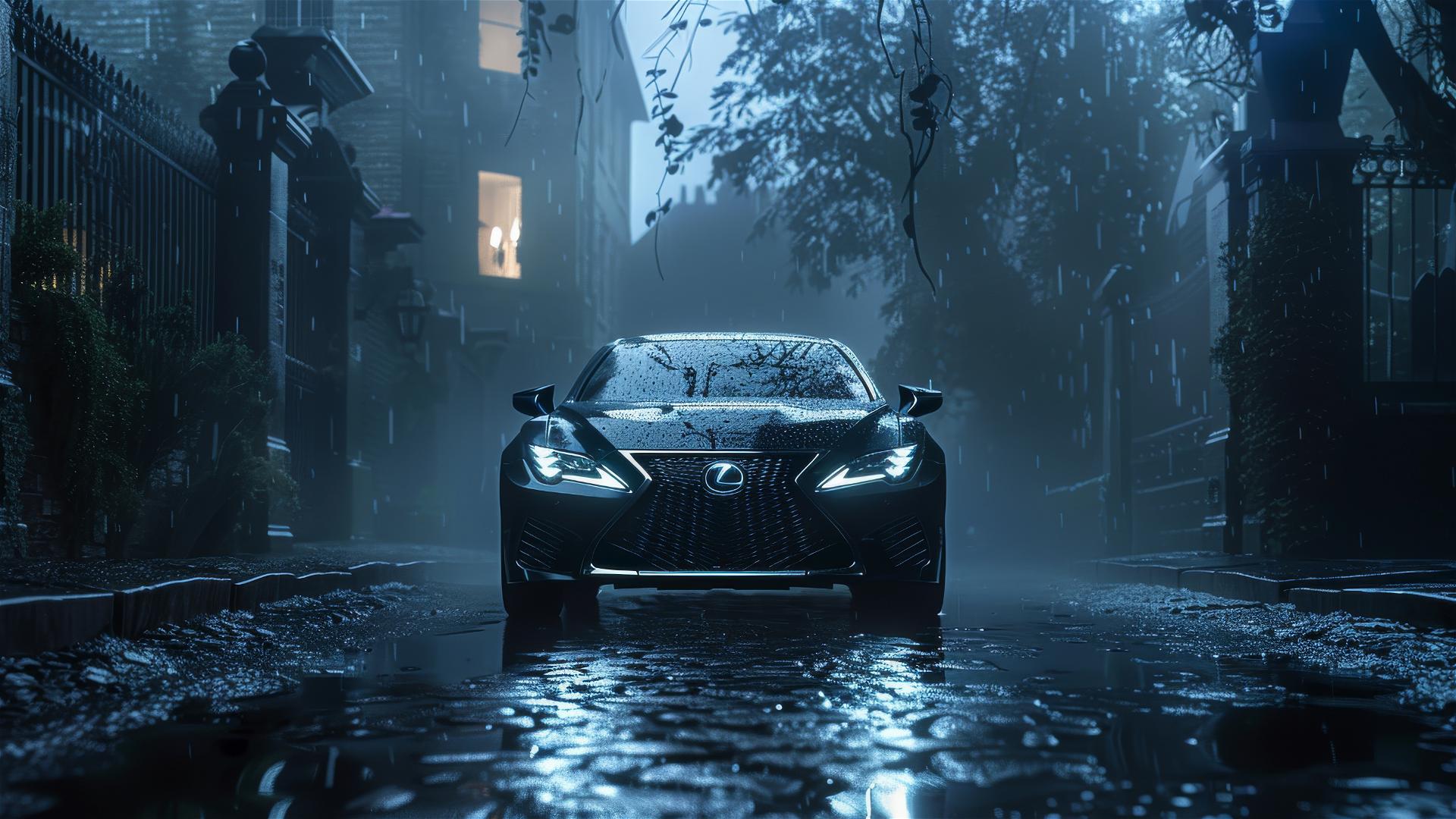Photorealistic close-up of a Lexus ES in dim, foggy, gothic surroundings