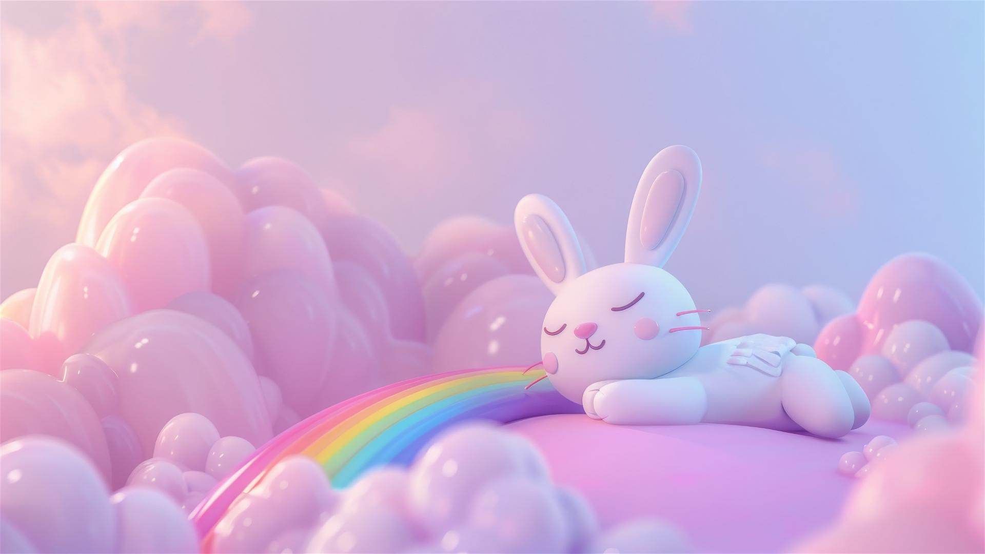 Miffy bunny lying on colorful 3D rainbow clouds in pastel tones.