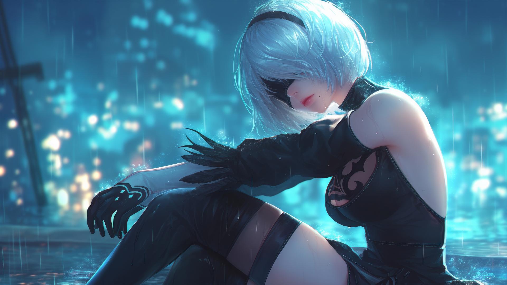 2B from Nier relaxing by a rainy swimming pool, illuminated by moonlight