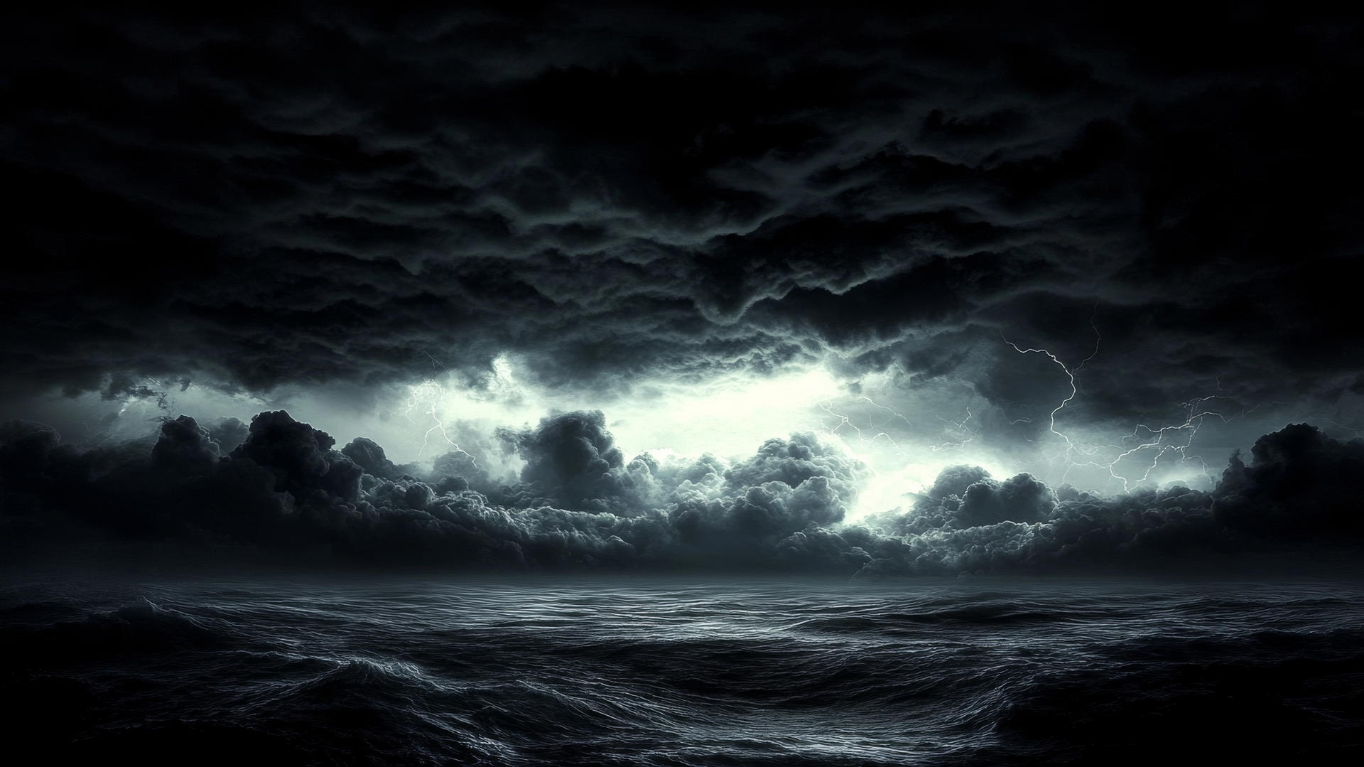 aesthetic black wallpaper with a dark stormy sky and flashes of lightning