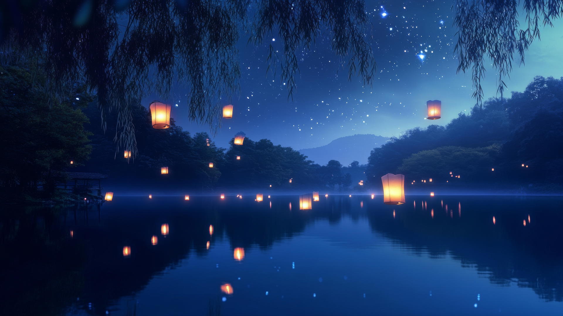 Aesthetic blue wallpaper with floating lanterns on a twilight lake