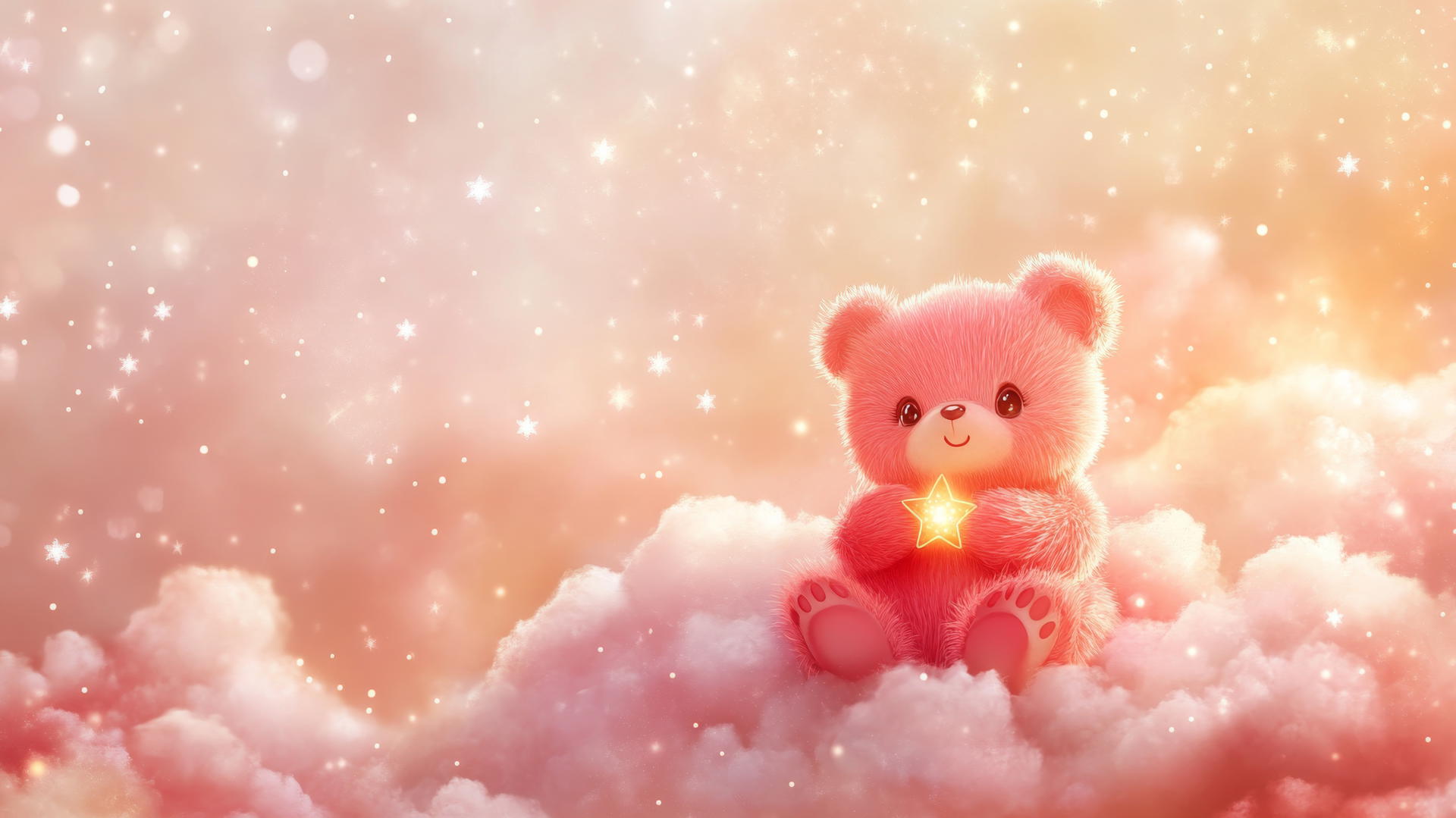 cute pink wallpaper of a kawaii bear holding a tiny star on a fluffy pink cloud with twinkling lights