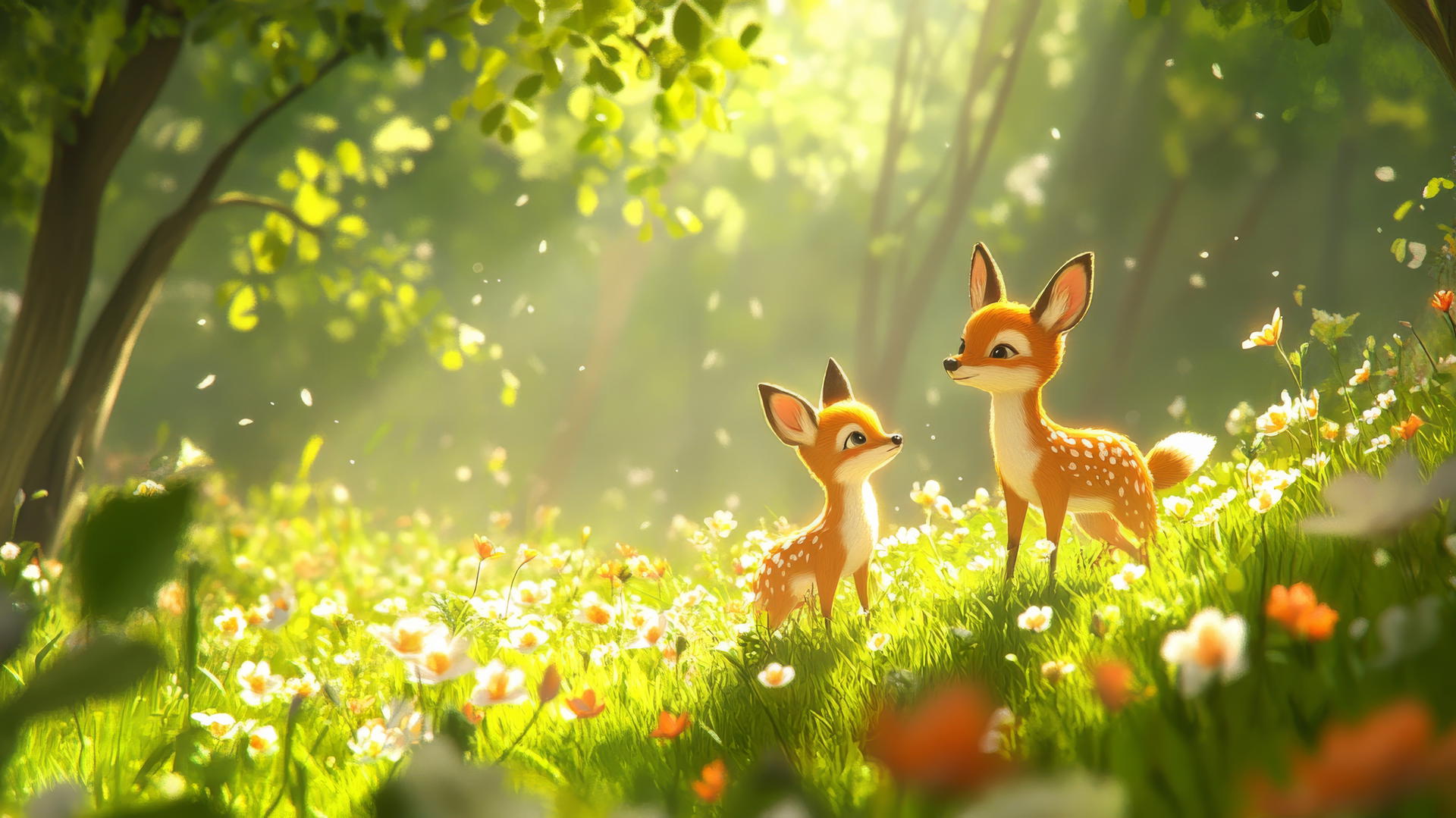 cute spring wallpaper with baby animals in a blooming meadow