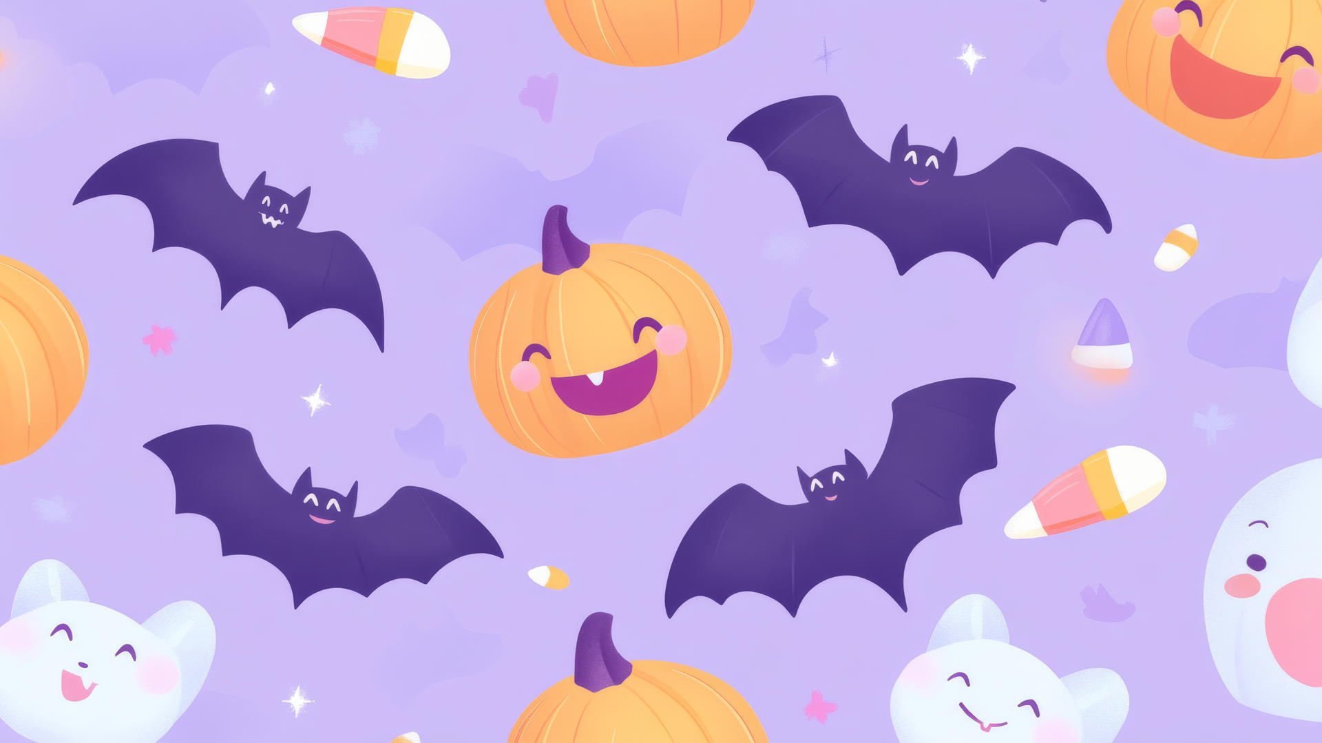 Cartoon pattern of bats, pumpkins, candy corn on lavender