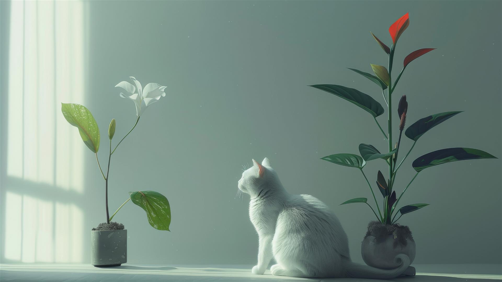White cat with flower in minimalist Takeshi Kitano style