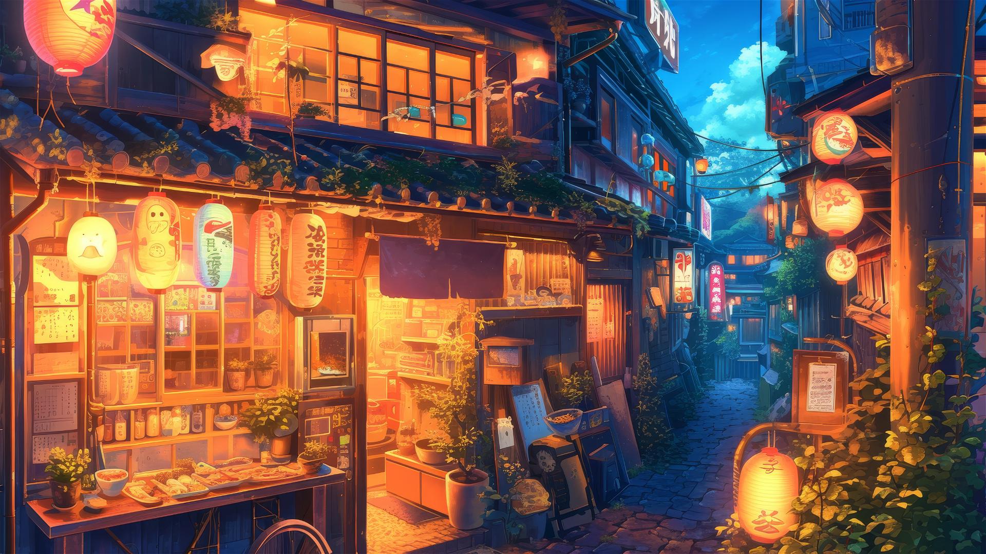 Ghibli-style alleyway at night with lanterns and magical eateries.