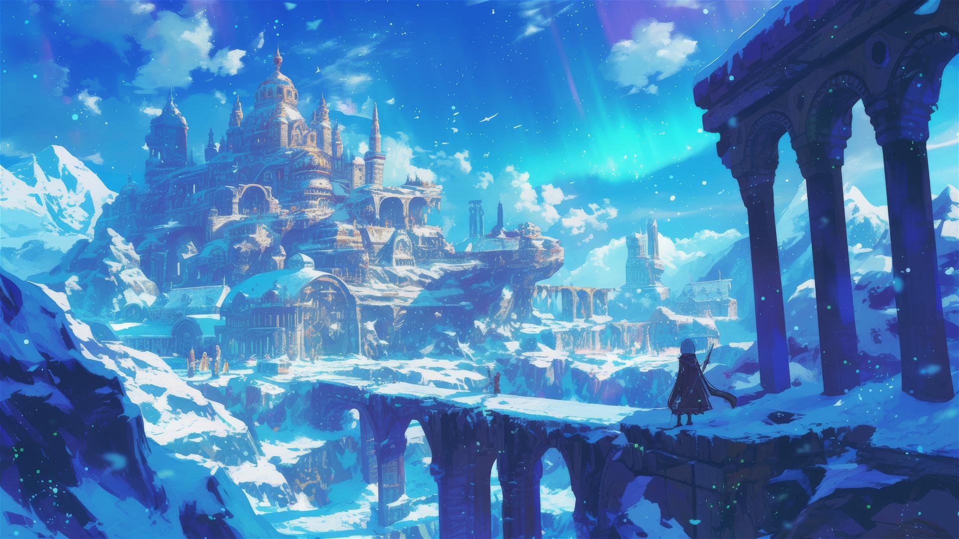 Ghibli-style ice palace with aurora and dancing spirits