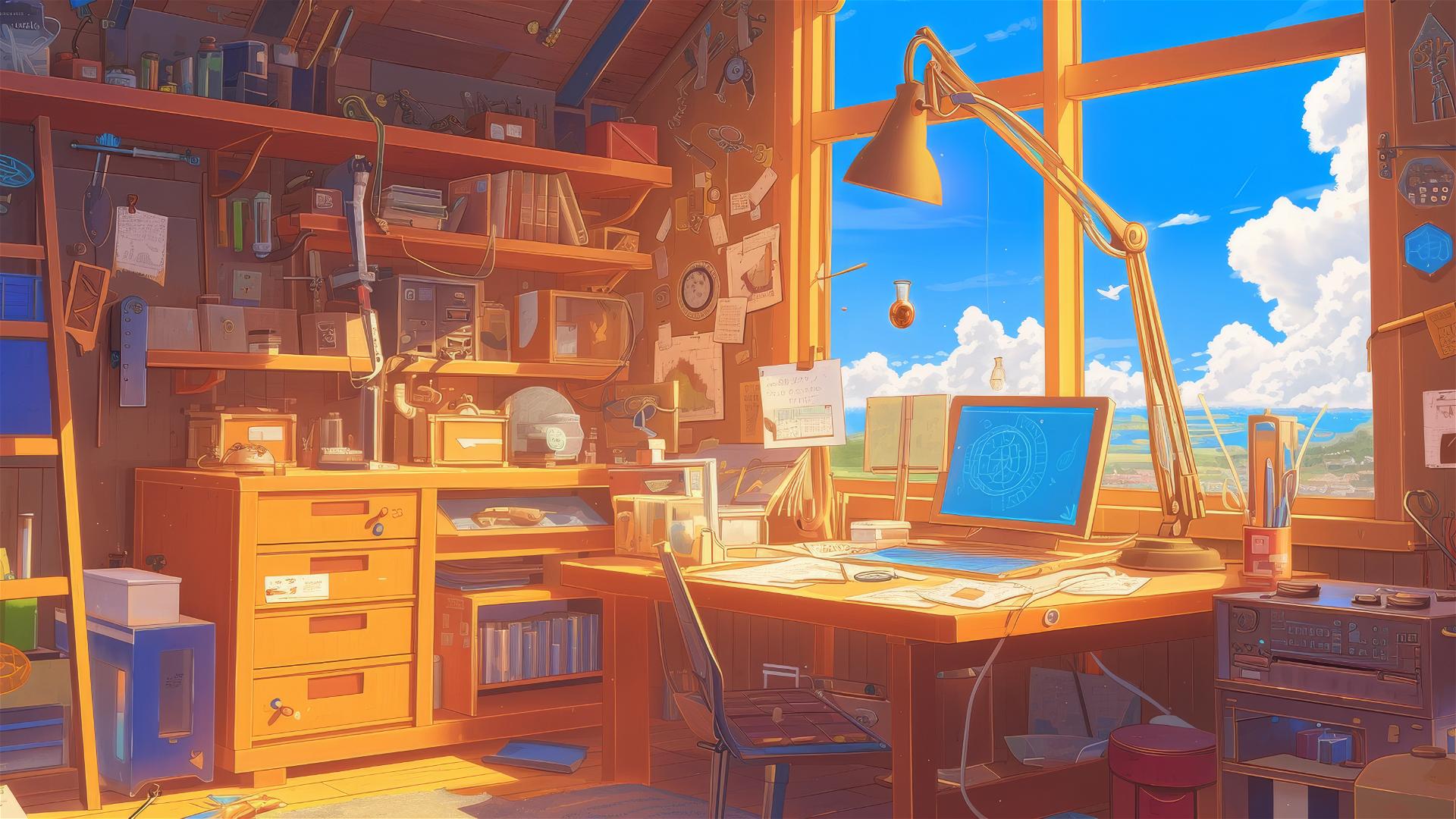 Anime-inspired Ghibli-style workshop with whimsical gadgets.