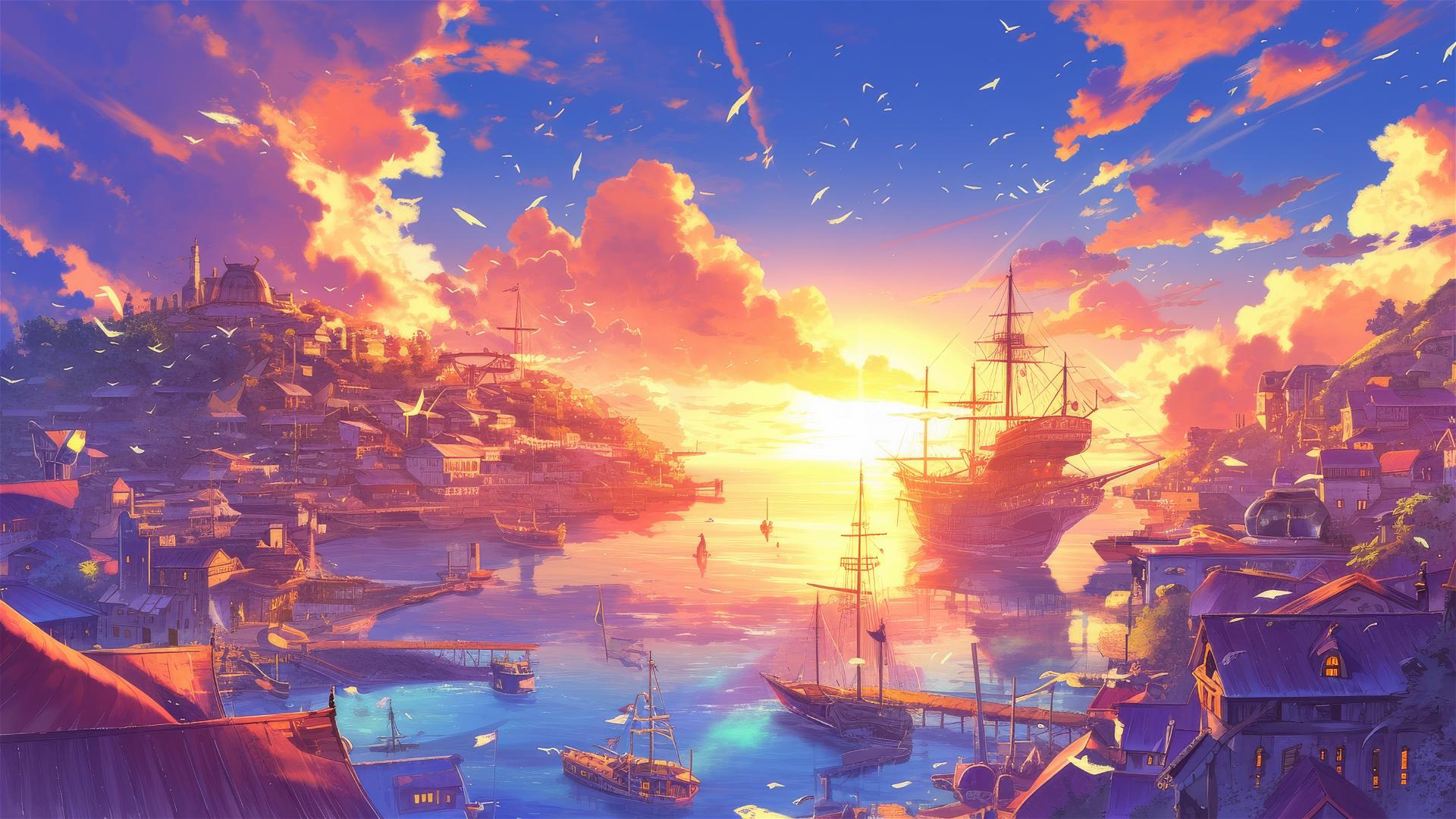 Anime harbor at sunset, ships, mythical beasts, Ghibli style.