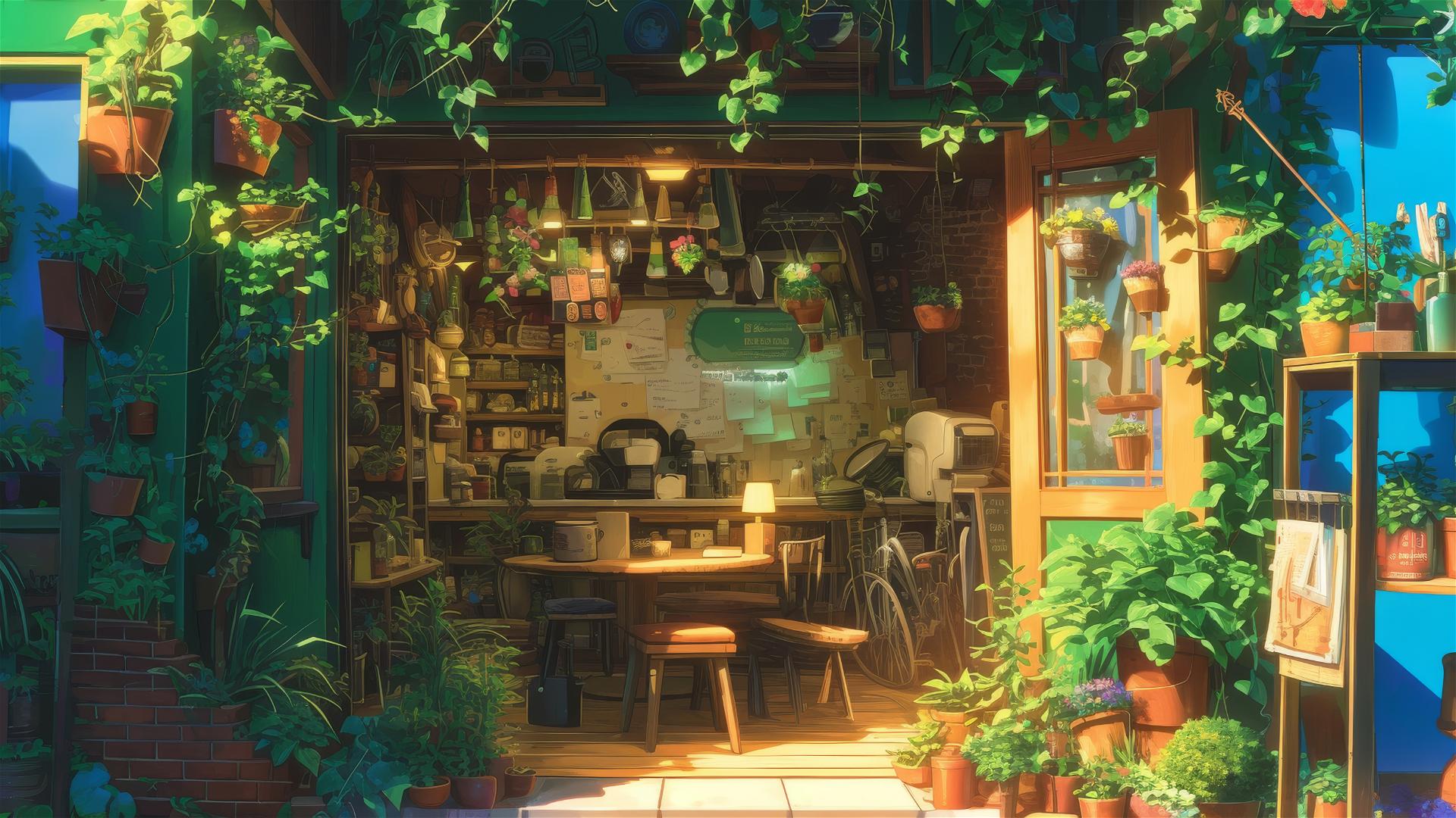 Cozy Ghibli-style anime café with characters and spirits