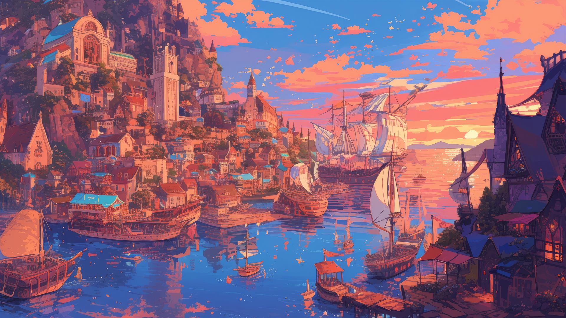 Anime harbor at sunset, Ghibli style, with mythical sea creatures.