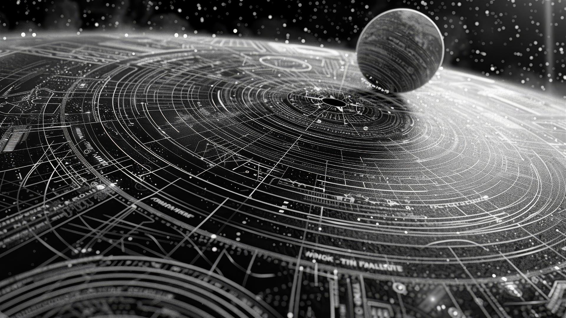 Android artist's monochrome depiction of flat Earth in solar system.