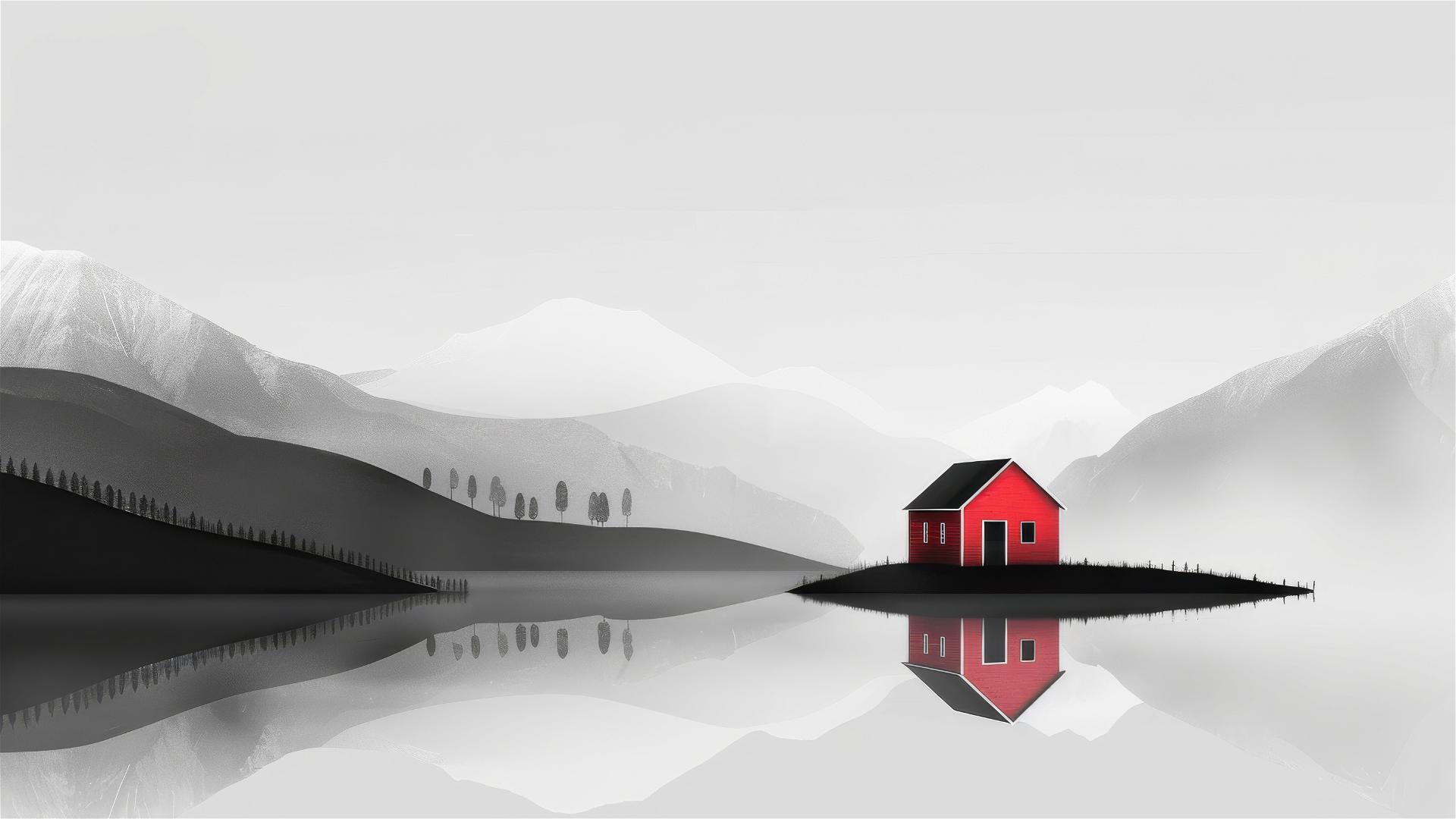 Minimalist red house in misty mountains with lake reflection