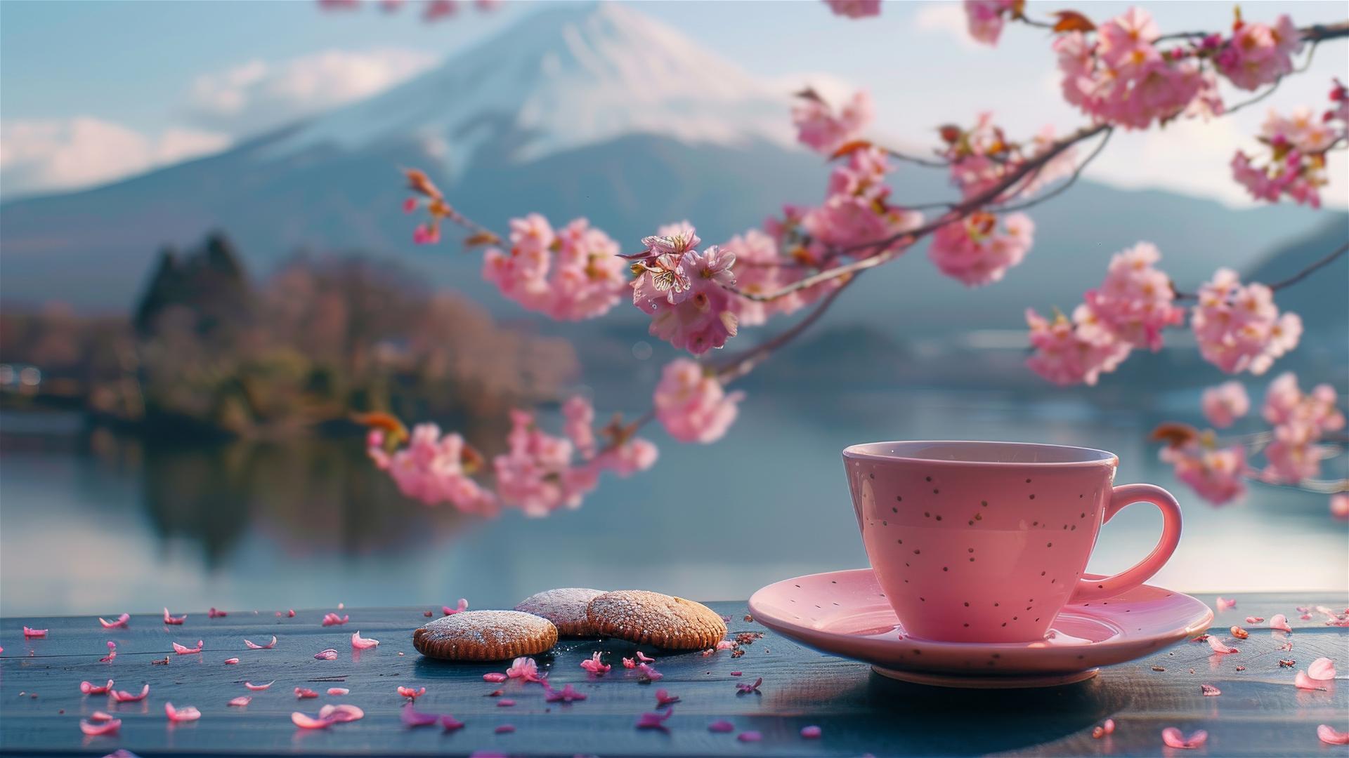 Pink coffee cup, cookies, sakura, Mount Fuji, Lake Kawaguchiko, 8K HD.