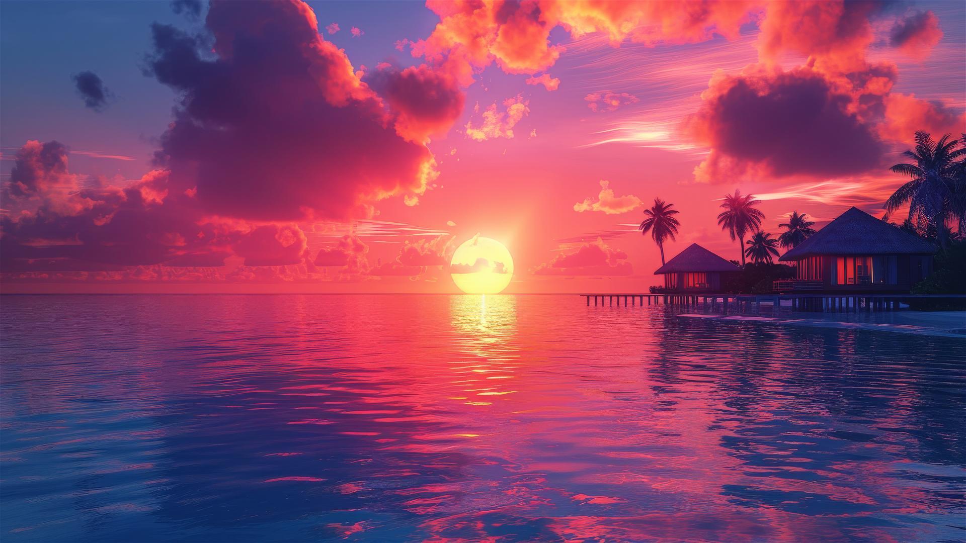 Vibrant sunset with bright colors over Maldives ocean