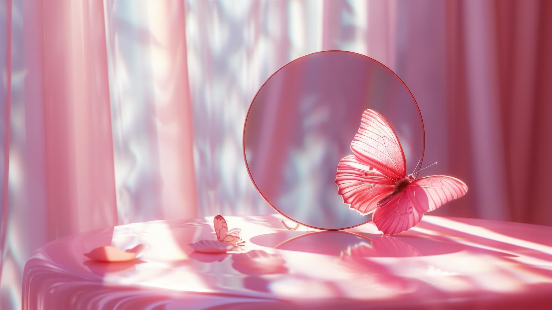 Pink mirror with butterfly, sunshine style, pixelated in magenta and white, Hervé Guibert and Hallyu inspired.