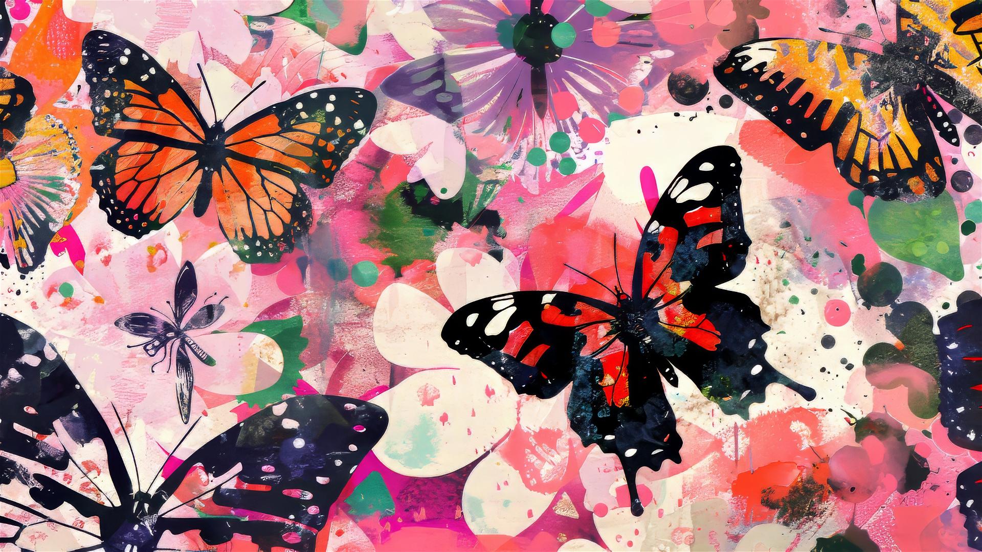Watercolor print of butterflies and flowers with a kawaii twist