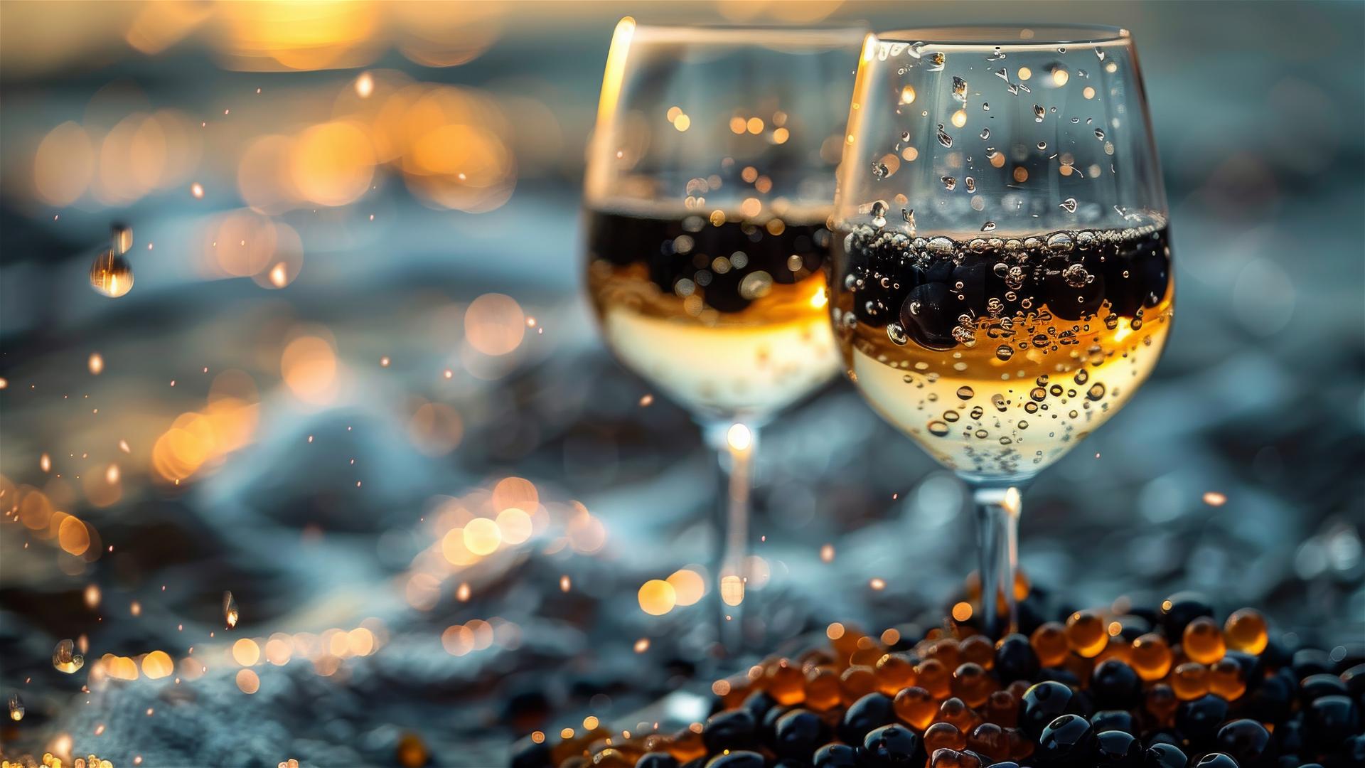 White wine and caviar with a turquoise sea backdrop