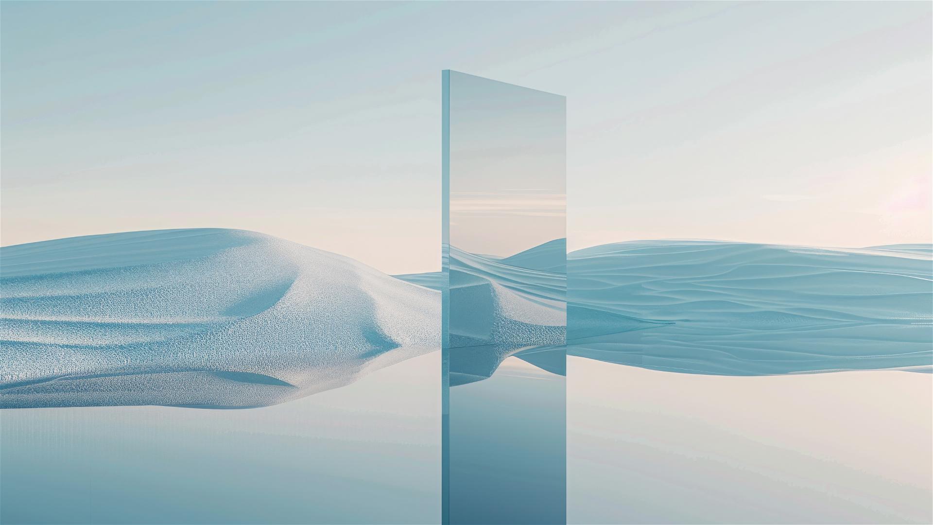 Vertical rectangle reflecting abstract shape on water, surrounded by blue sand dunes.
