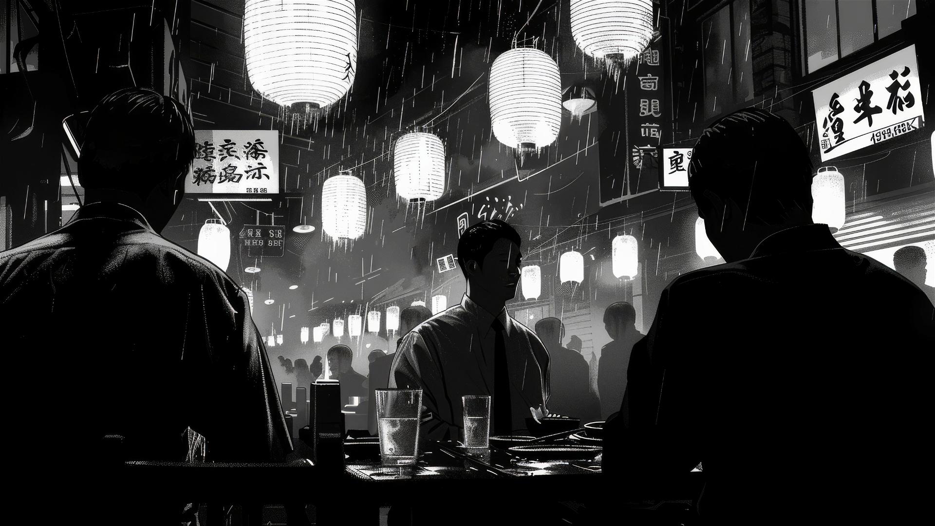 Yakuza men dining in a Japanese ramen restaurant, in black and white.