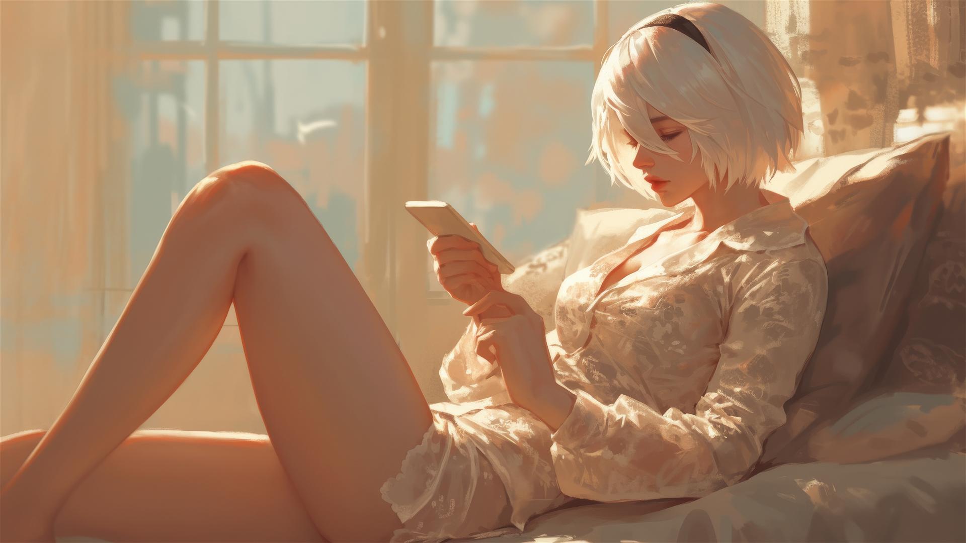 2B from Nier in white silk pajamas resting at sunrise.