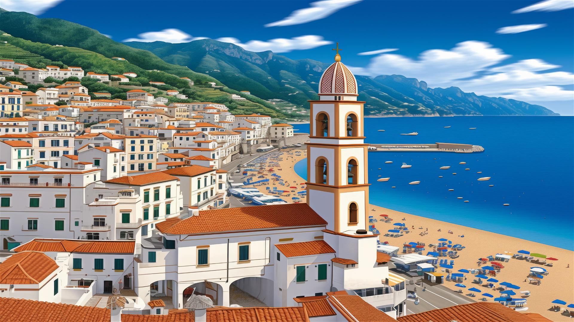 Abstract Amalfi Coast painting with neon colors and gold accents.