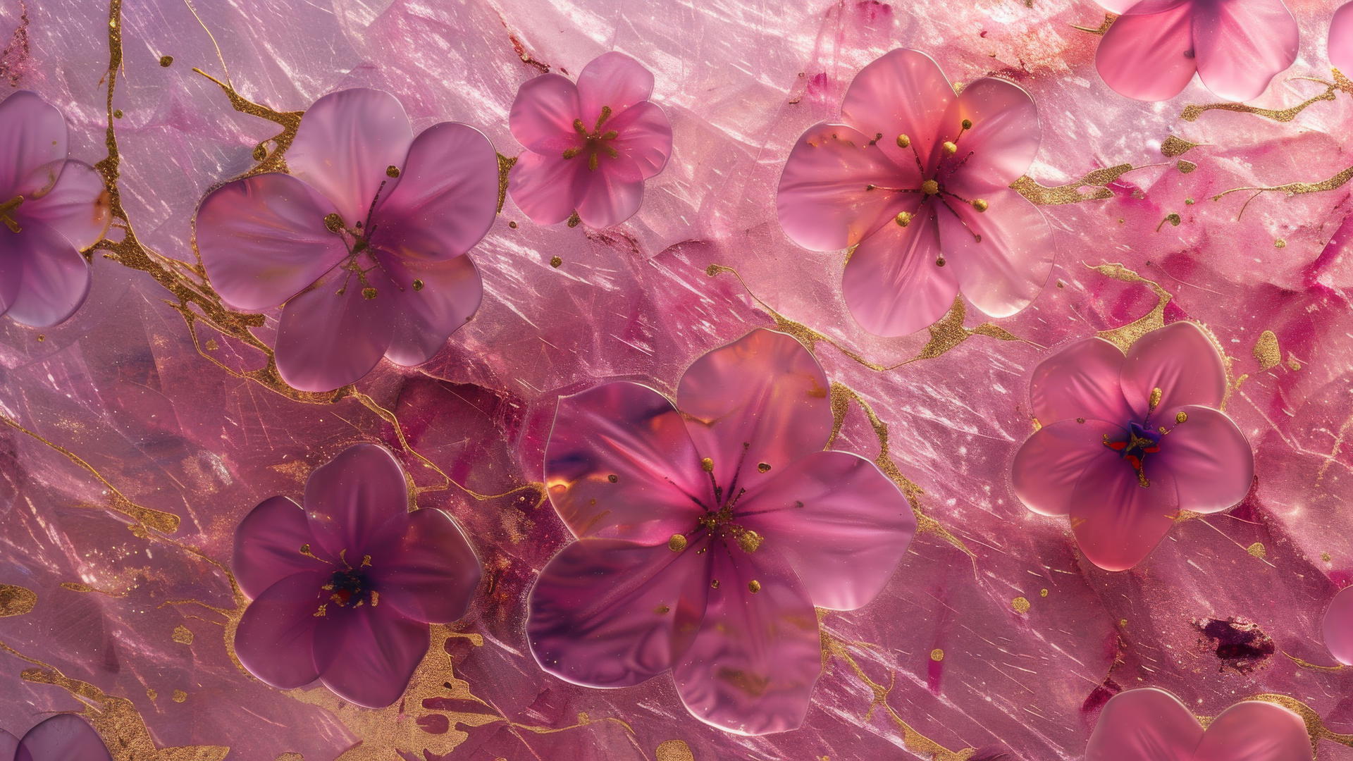 Pink Chiyogami with forget-me-nots, gold inlay on marble abstract