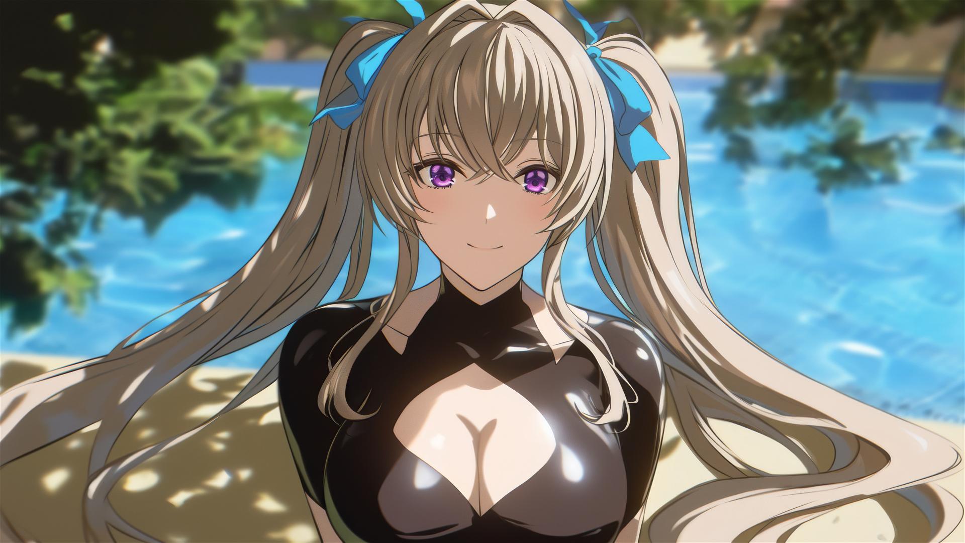 Irina Shidou by poolside under moonlight with violet eyes and twintails