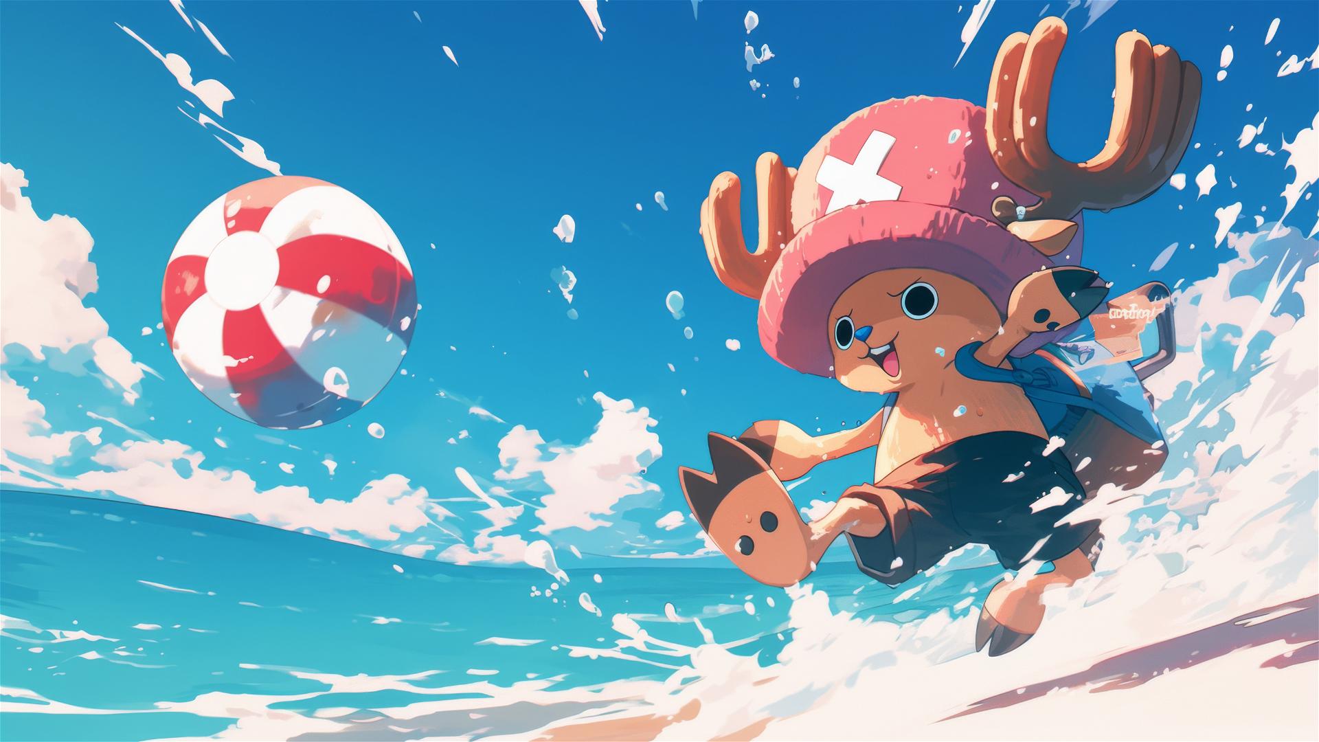 Tony Tony Chopper playing with beach ball on sandy shore