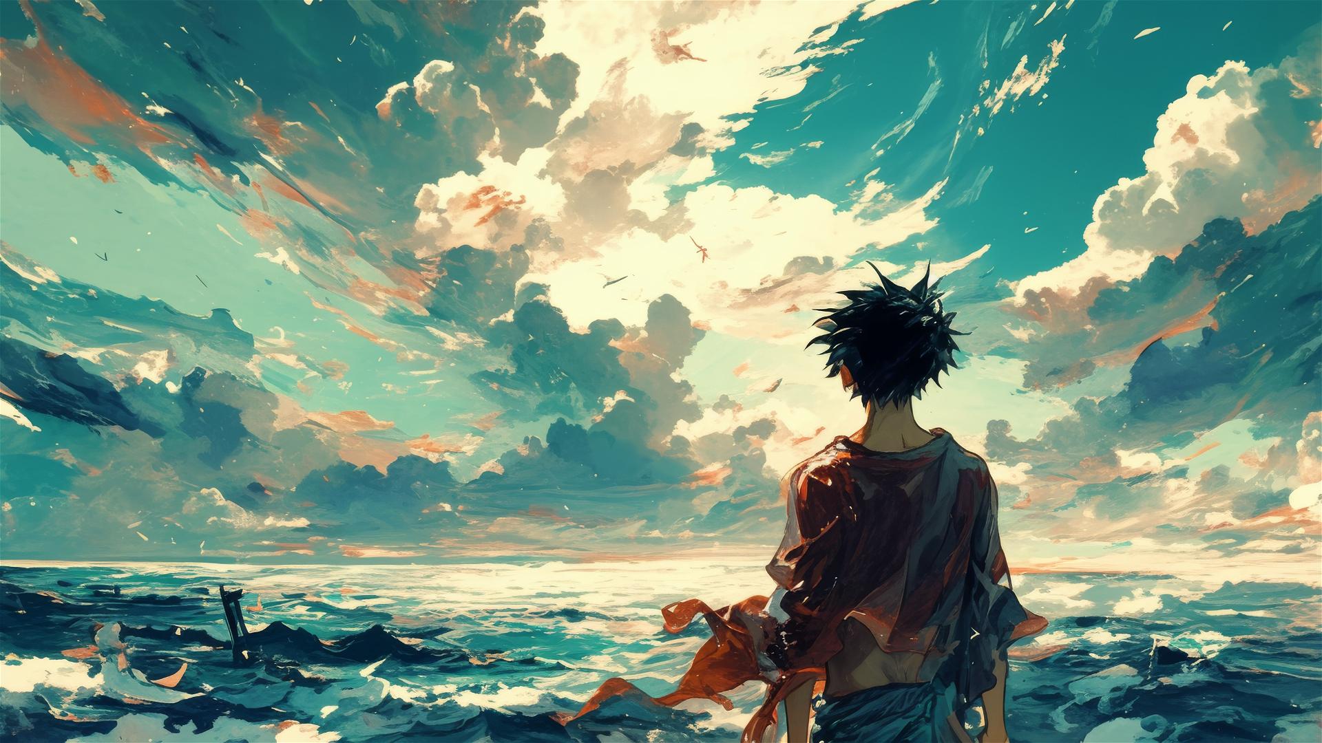 Luffy on ship deck facing a stormy sea