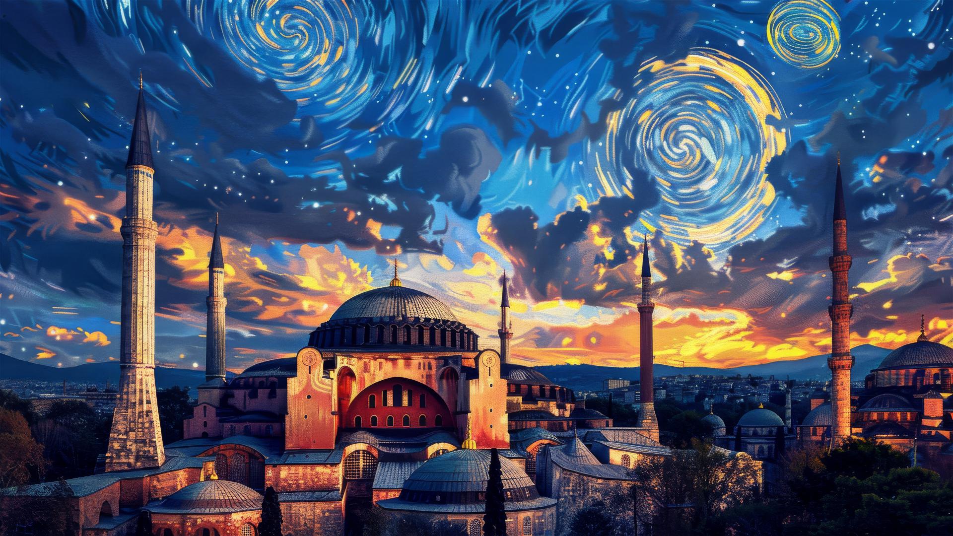 Hagia Sophia at dusk with Van Gogh's Starry Night sky