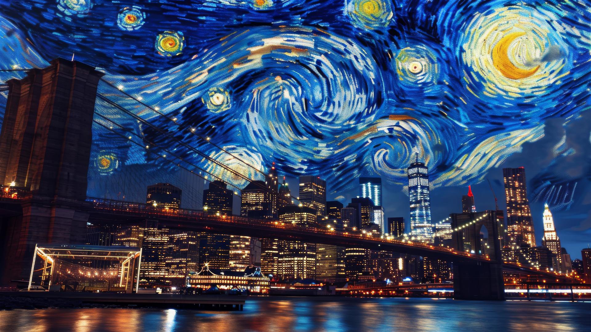 Brooklyn Bridge with van Gogh's Starry Night sky at twilight
