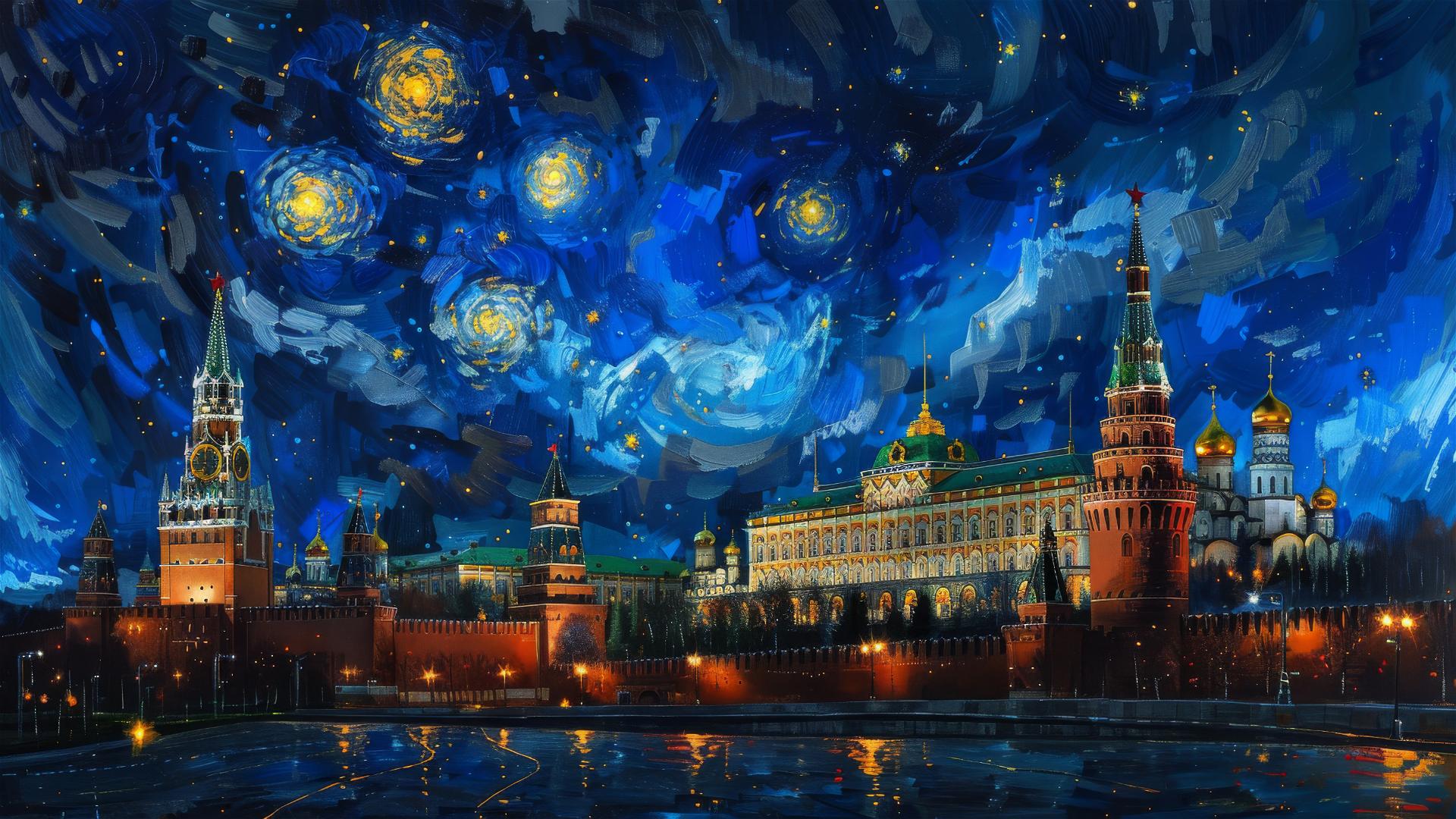 Realistic Kremlin at twilight with van Gogh-inspired starry sky