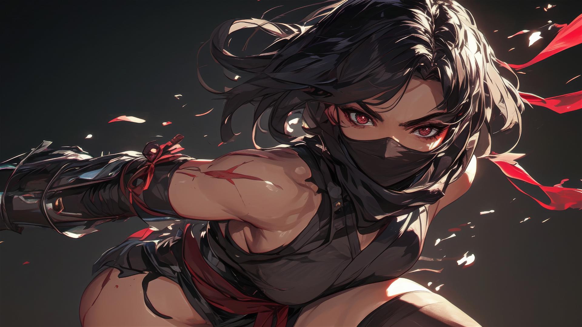 Ninja girl with short hair, masked face, and thigh focus in a dynamic pose on dark background.