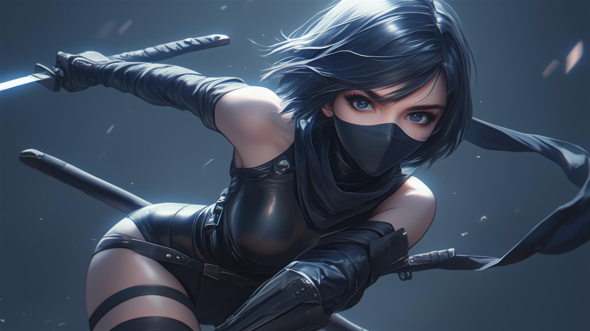 Masked ninja girl with short hair in dynamic pose on dark background