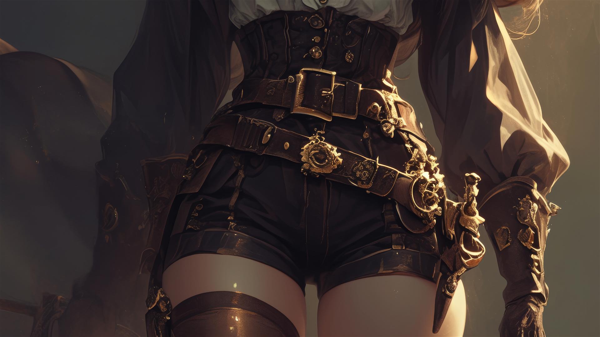 Steampunk adventurer girl in dynamic pose with thigh focus on dark background