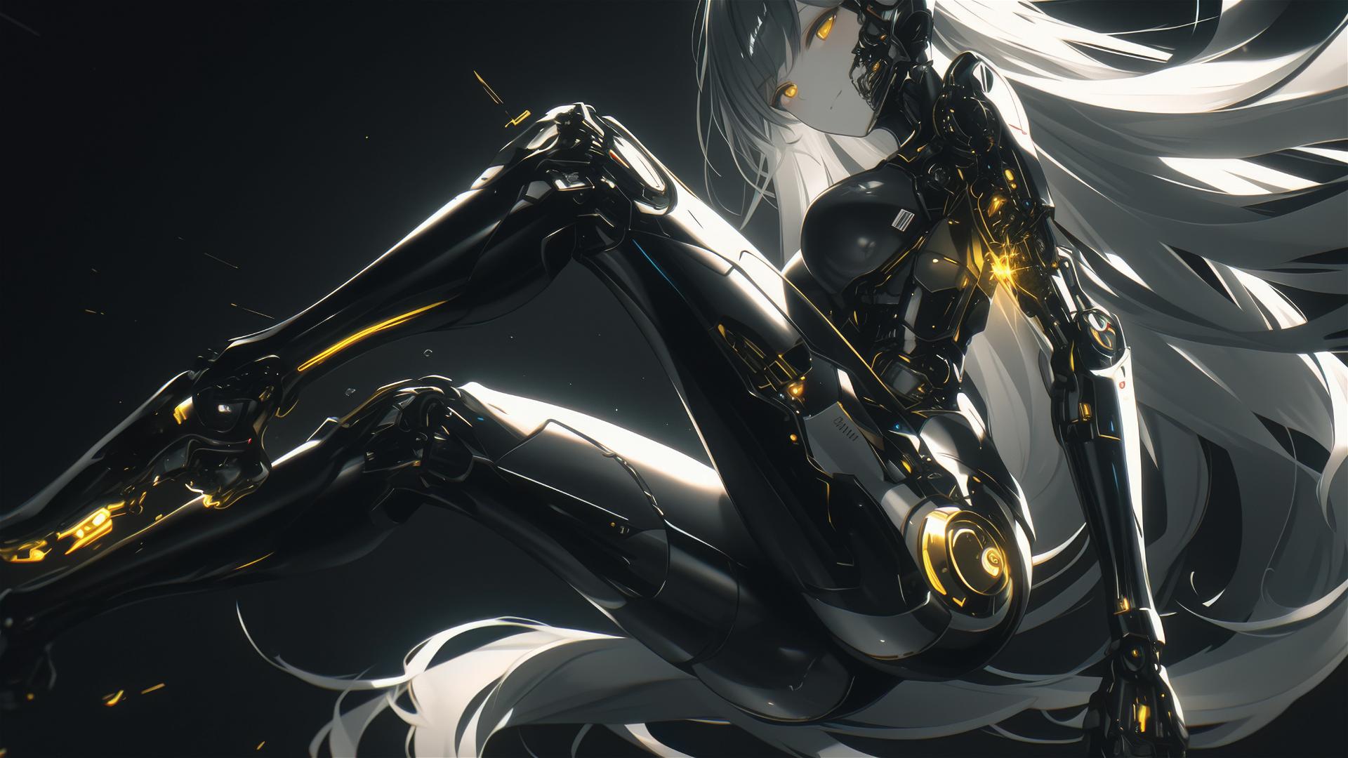 Cybernetic Agent Girl in dynamic pose with thigh focus on dark background