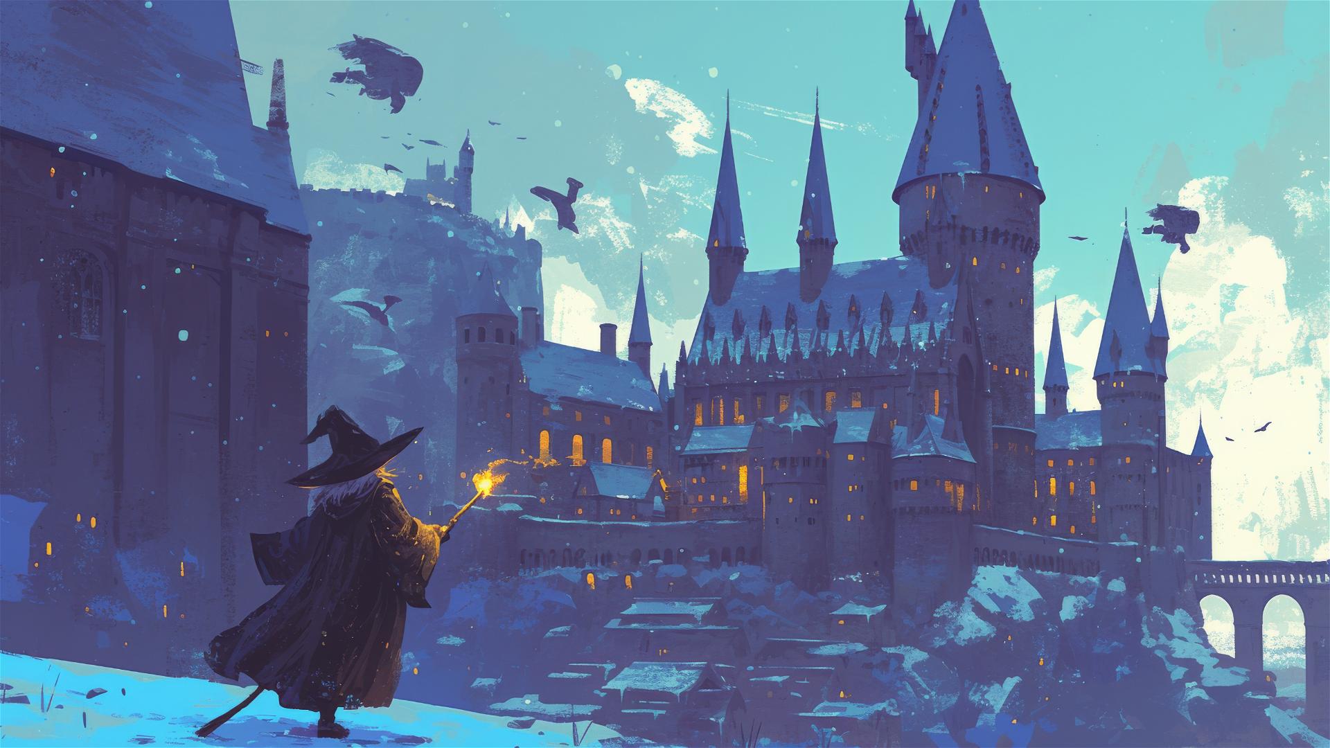 Ghibli-style illustration of rainy Hogwarts School from Harry Potter