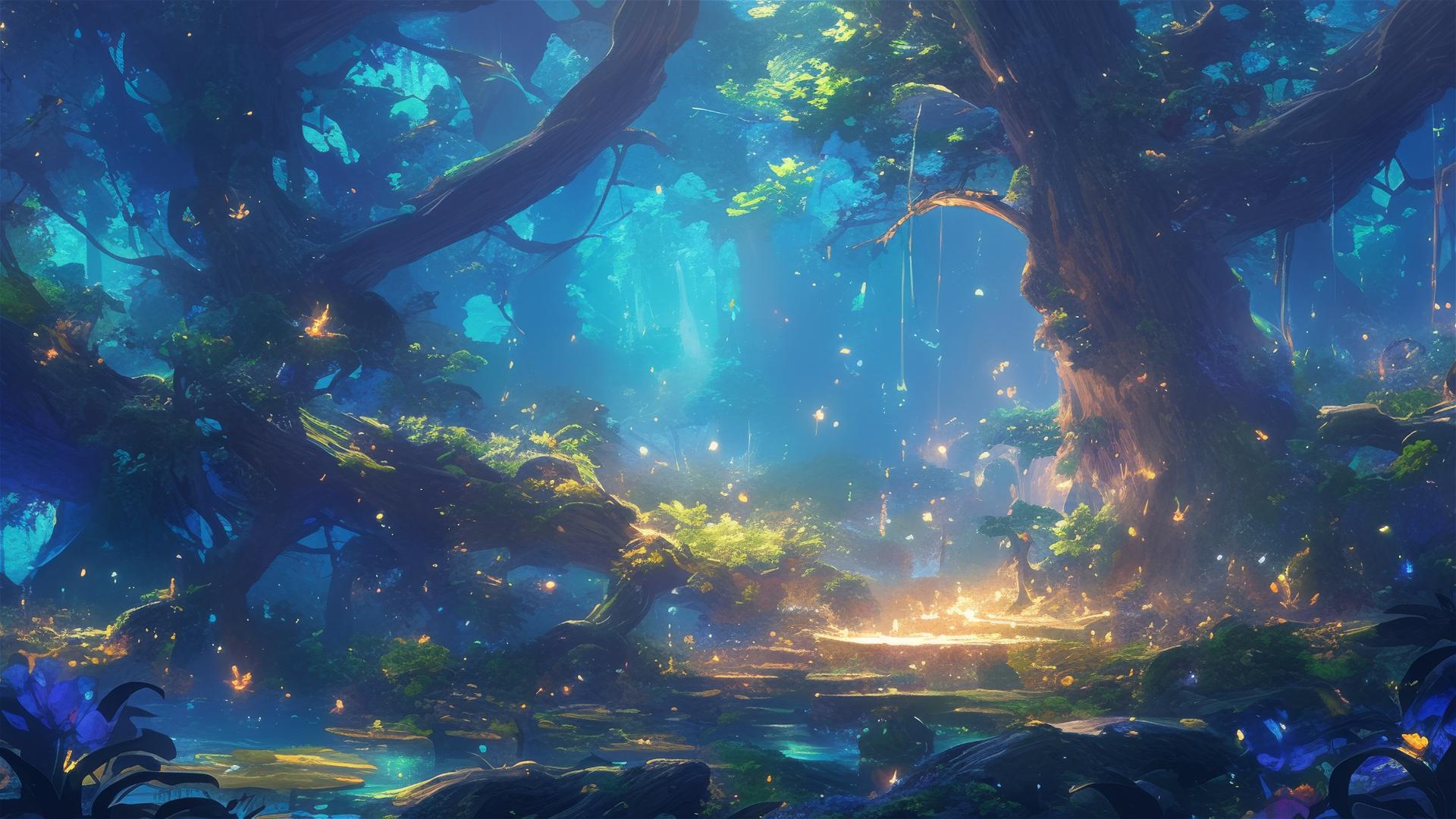 Ethereal spirits and glowing plants in an enchanted forest with twinkling lights among ancient trees, creating a magical serene ambiance.