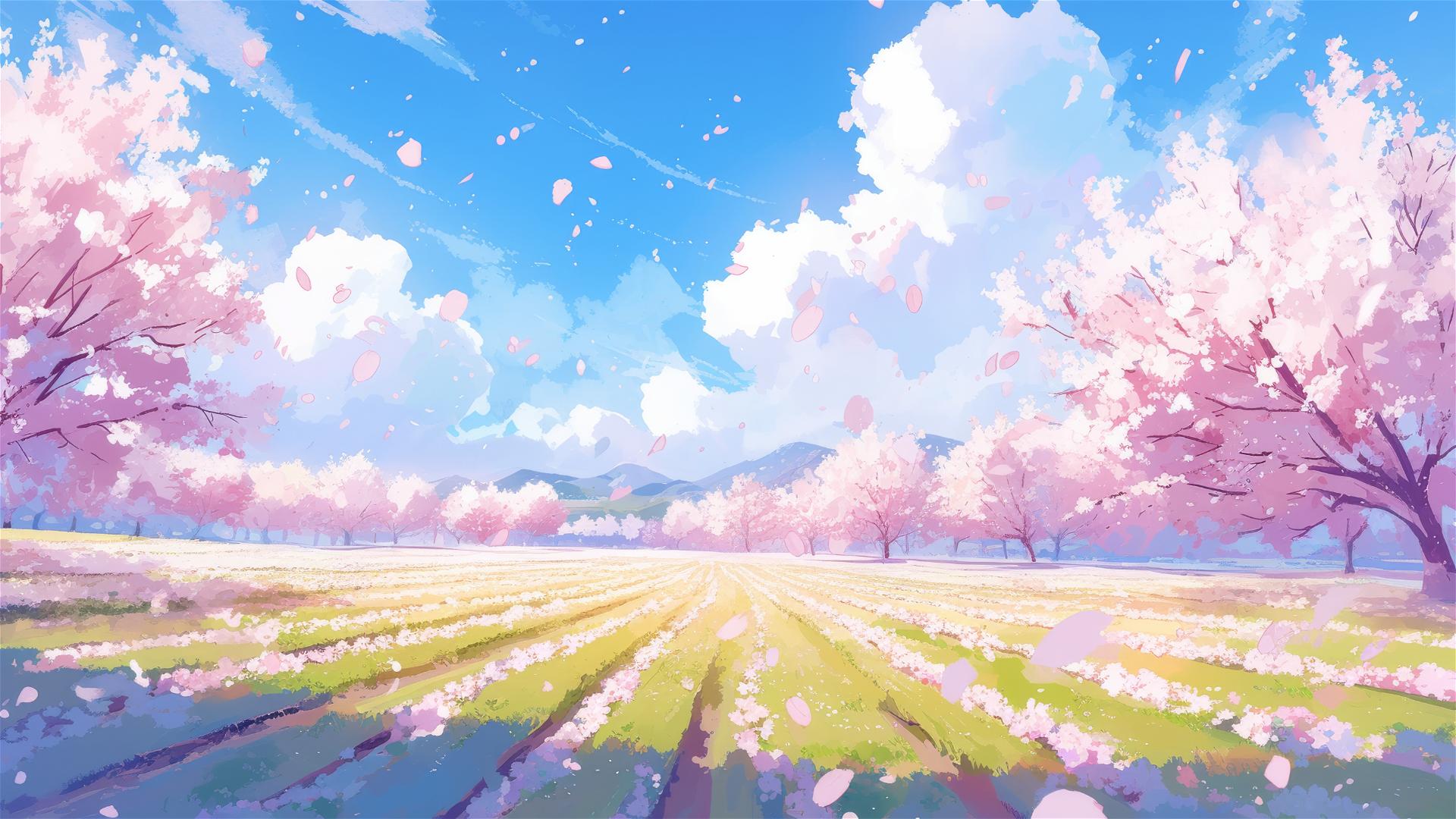 Orchard in bloom with rows of flowering trees under a clear-blue sky