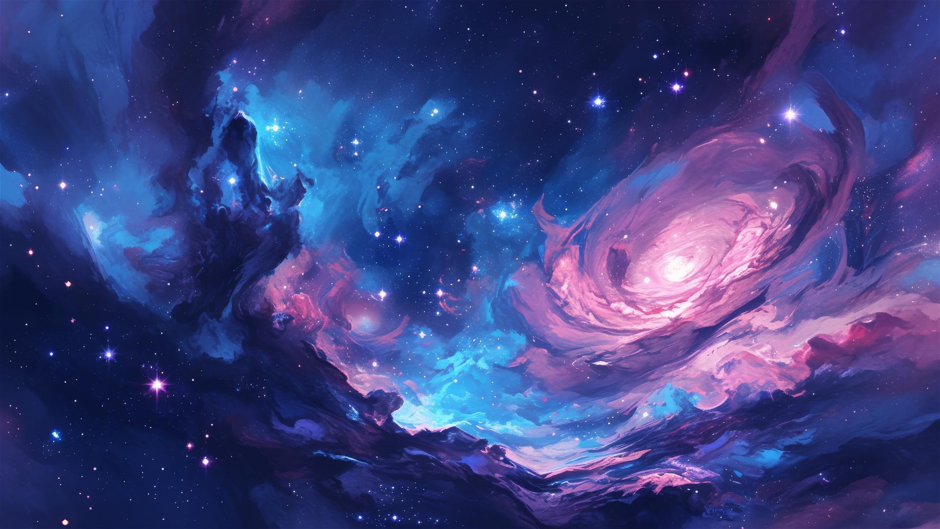 Deep space nebula in pink, blue, and purple, stars twinkling