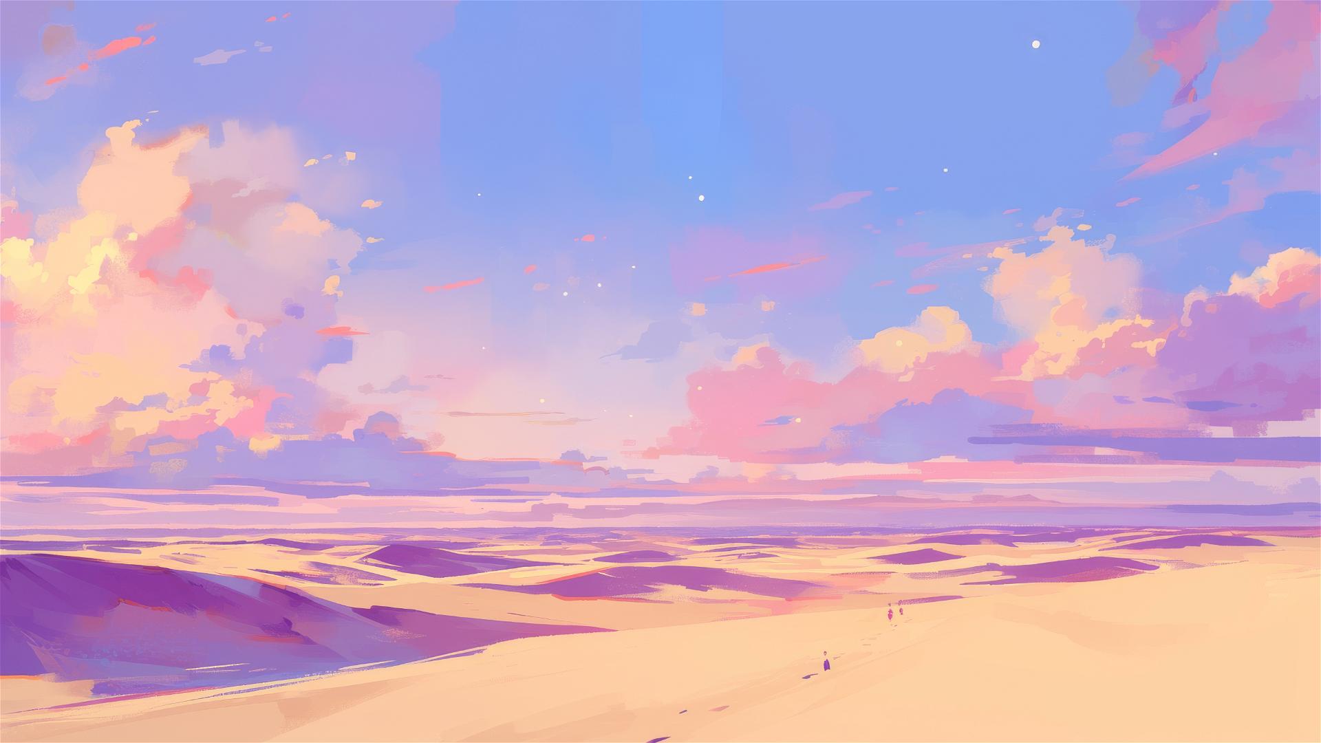 Northern Lights above desert dunes with soft sand patterns and pastel sky