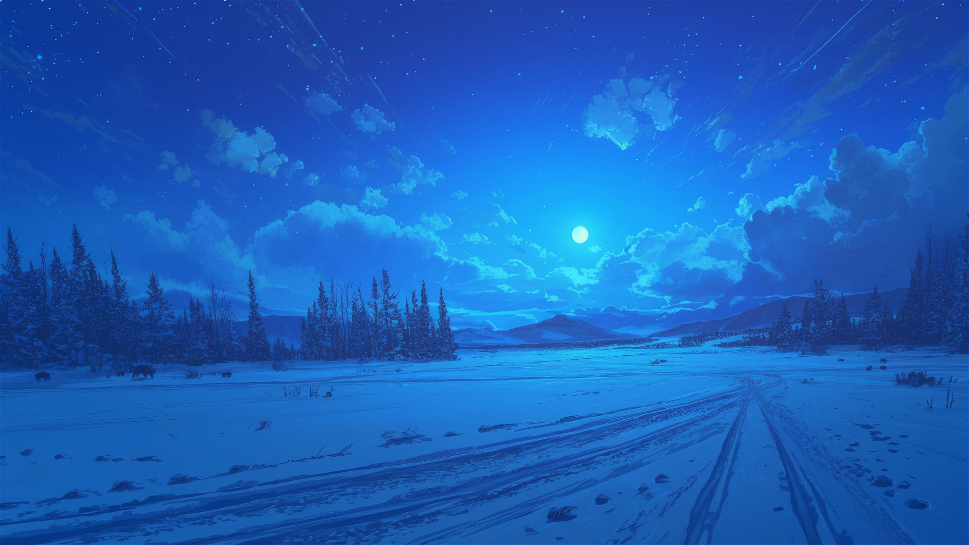 Tranquil snowfield with animal tracks under a full moon