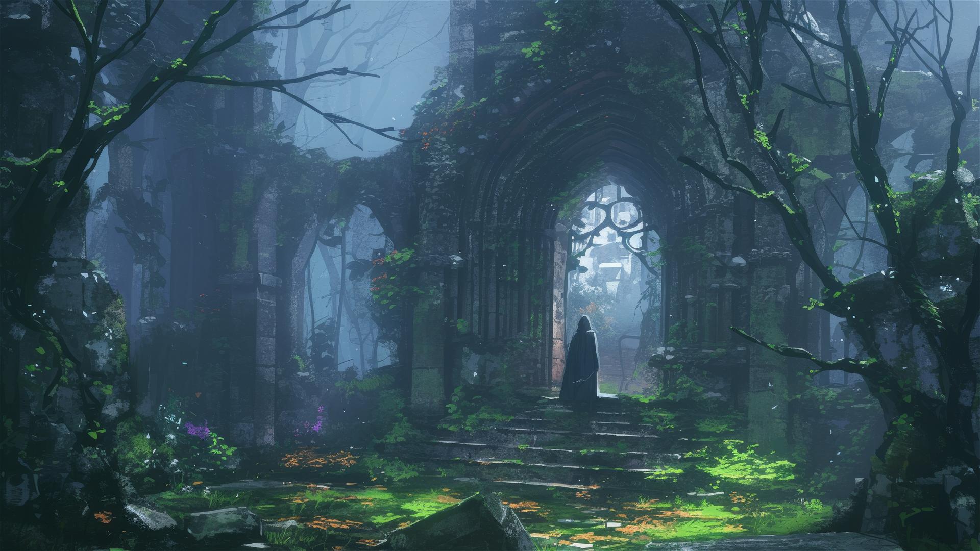 Gothic ruin with ivy and moss, foggy backdrop