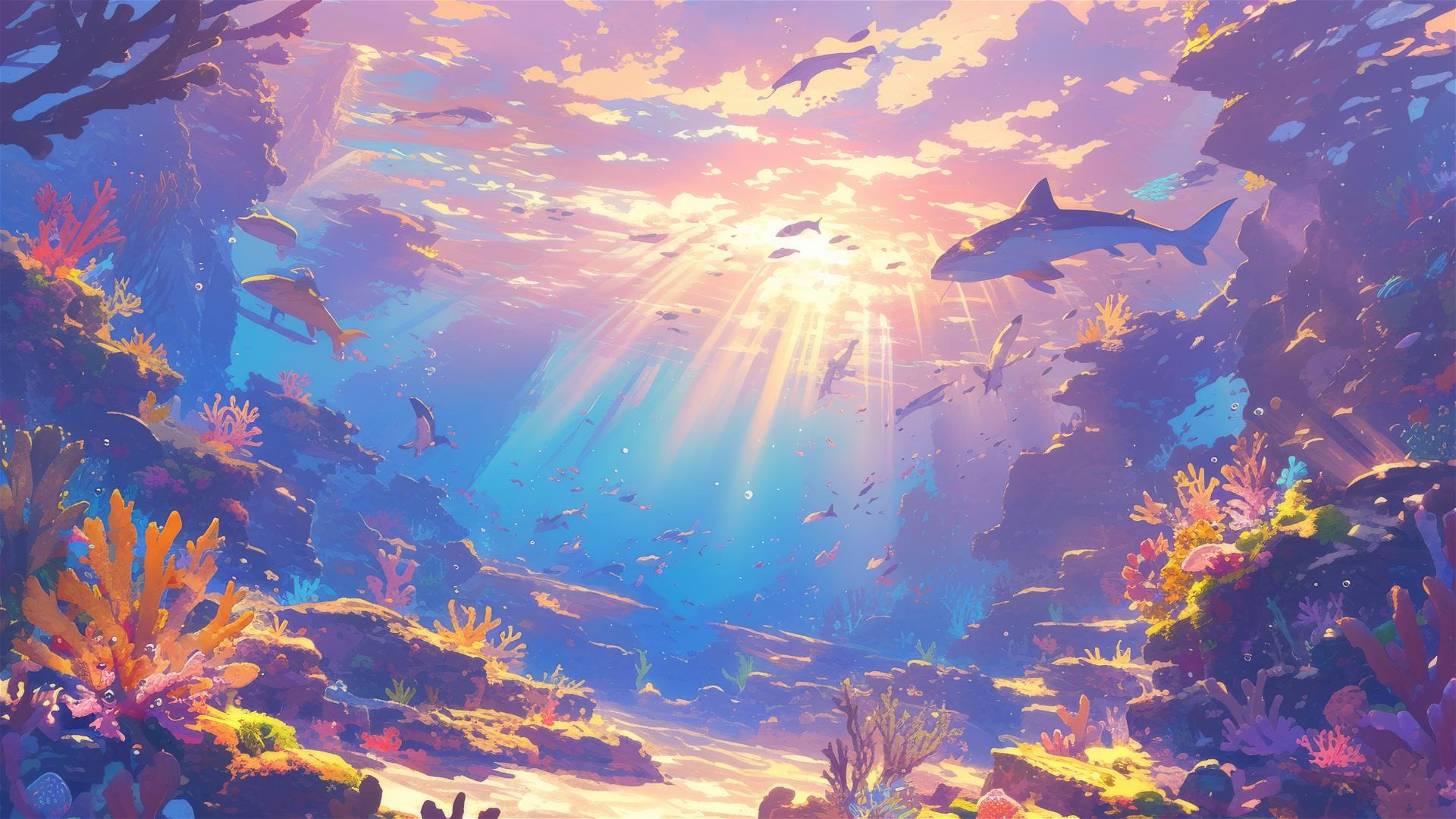 Vibrant coral reef with marine life and sunlight rays