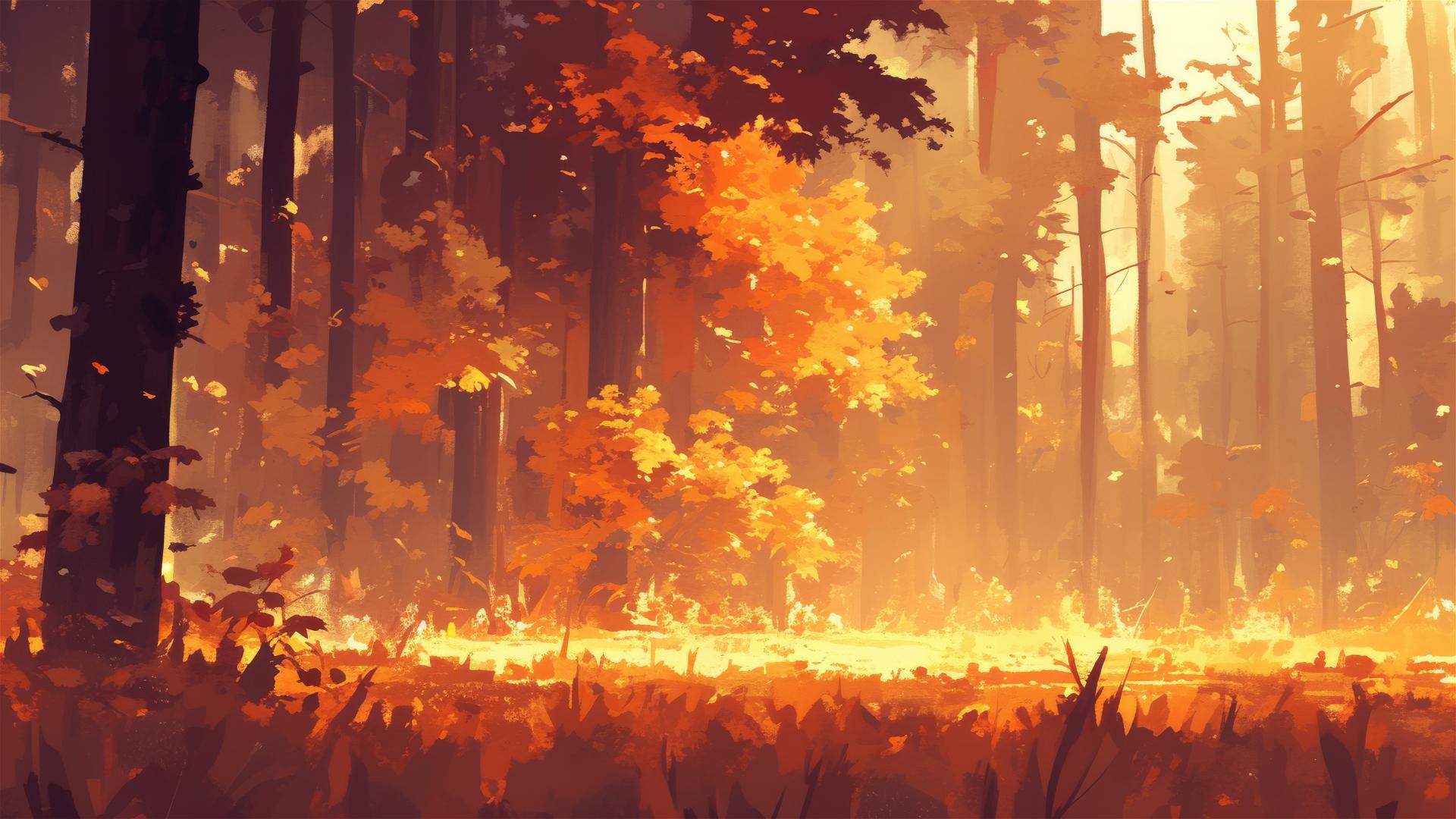 Silent autumn forest with thick fog and colorful leaves